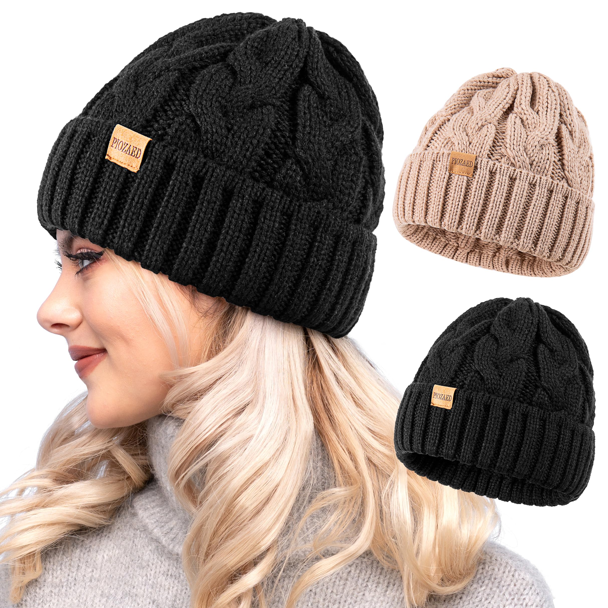 PIOZAED Womens Winter Knitted Beanie Hat Knit Warm Skull Cap Skull Cap Beanie for Women 2 Packs