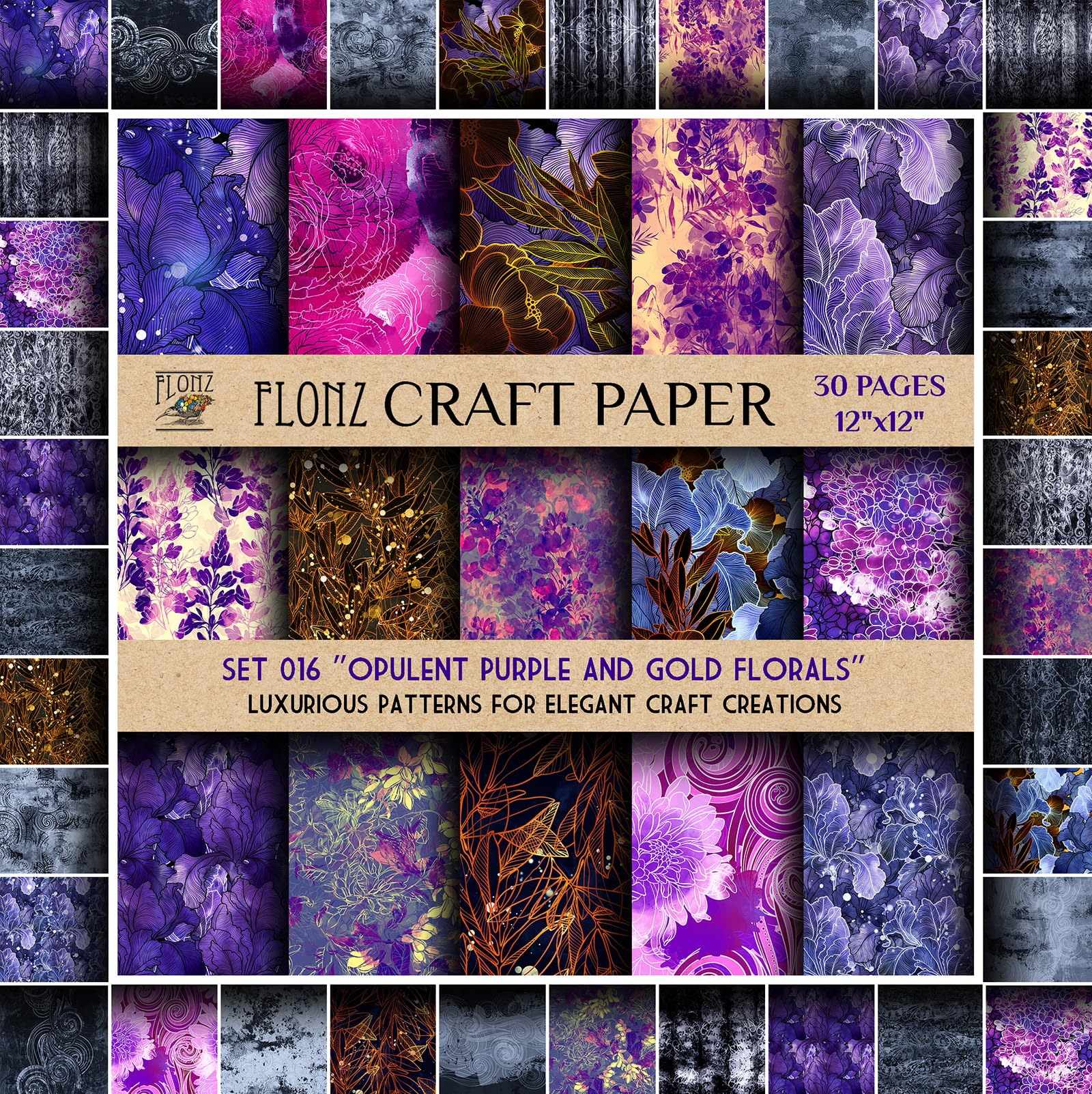 Scrapbook Paper (30 pages 12"x12") Opulent Purple and Gold Florals: Luxurious Patterns for Elegant Craft Creations FLONZ Vintage Styled Double Sided
