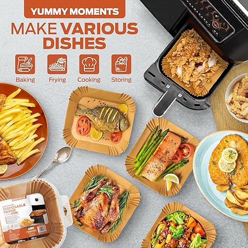 Miniatura 5 de PORTENTUM - Forros para freidora de aire, 100 unidades de papel cuadrado de grado alimenticio sin BPA de 7.9 pulgadas para freidoras sin aceite de 5