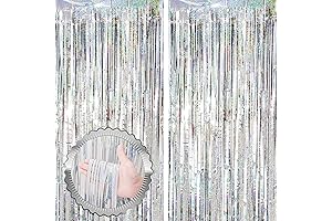 2 Pack Silver Photo Backdrop Laser Silver Tinsel Foil Fringe Curtains