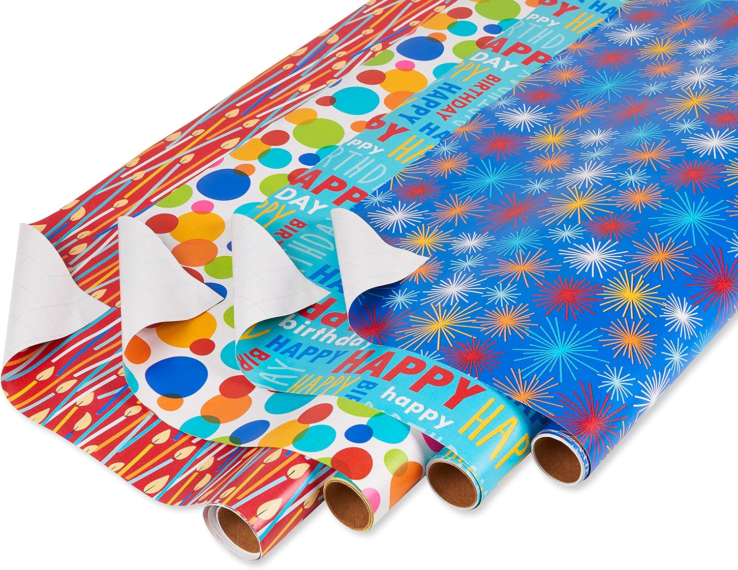 American Greetings Birthday Wrapping Paper Kit with Cut Lines, Bows and Gift Tags, Balloons, Candles, and Fireworks (7 Bows, 30 Gift Tags, 4 Rolls, 120 sq. ft)