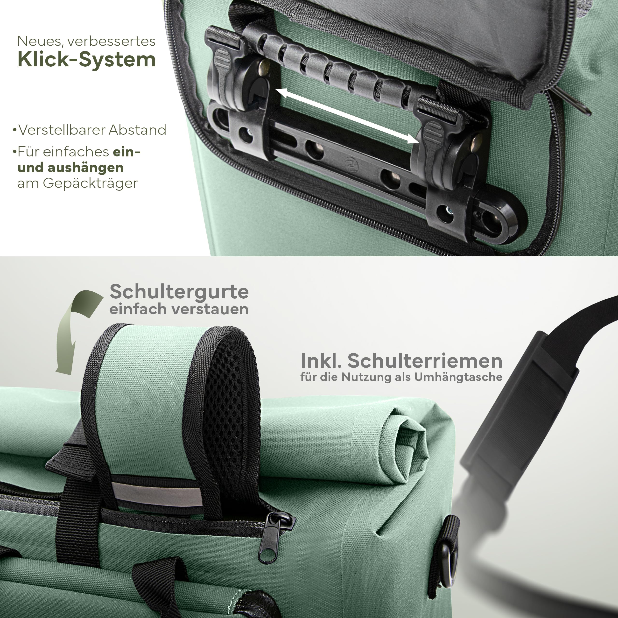 MIVELO Fahrradtasche für Gepäckträger - 3in1 Gepäckträgertasche Rucksack Umhängetasche - 100% wasserdicht und PVC-frei - mit herausnehmbarer Laptoptasche (Mint)
