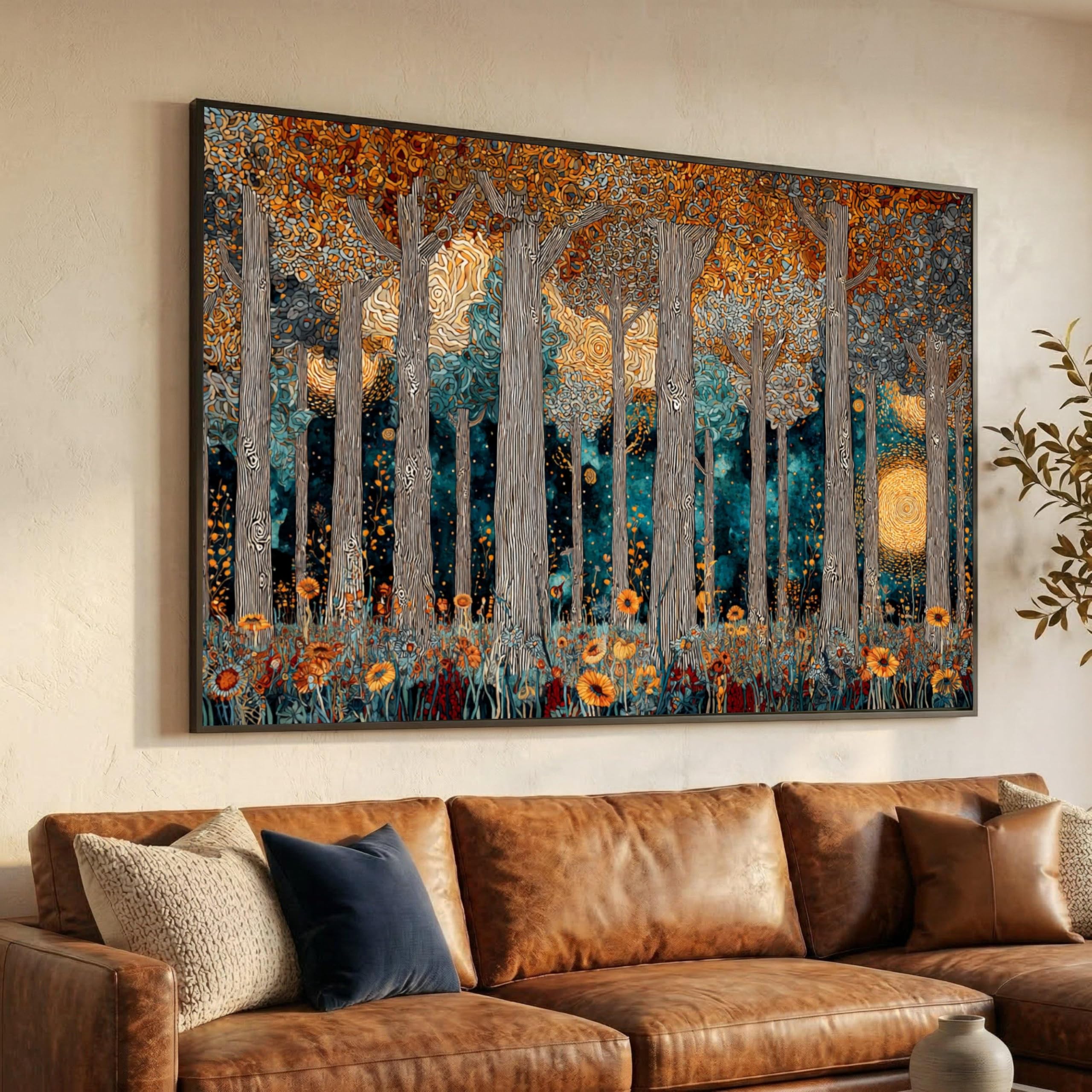 LMYCHENG Vintage Forest Canvas Print, Abstract Tree Silhouettes Posters, Autumn Meadow Floral Canvas, Woodland Scene Oil Painting(20x30cm/Frameless)