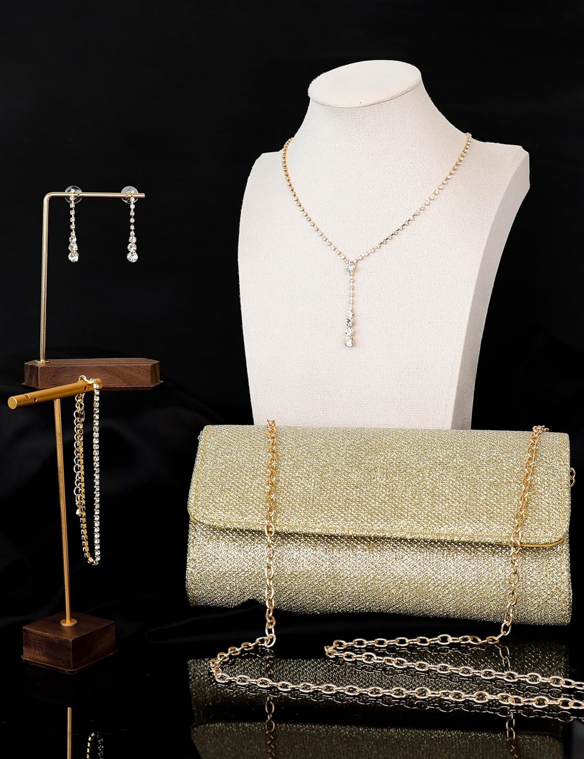 Silver Prom Jewelry Set for Women Rhinestone Necklace Dangle Earrings Bracelet Clutch Purse Silver Accessories Bride Bridesmaid Crystal Bridal Jewelry for Wedding Engagement Party Prom Accessories