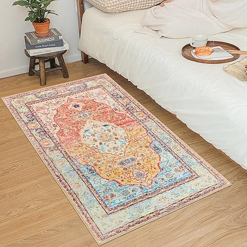 Miniatura 4 de RUGxDJ Alfombra bohemia pequeña de 2 x 3 con medallón para entrada, tapete de interior colorido, delgado, lavable, tapete de cocina antideslizante,