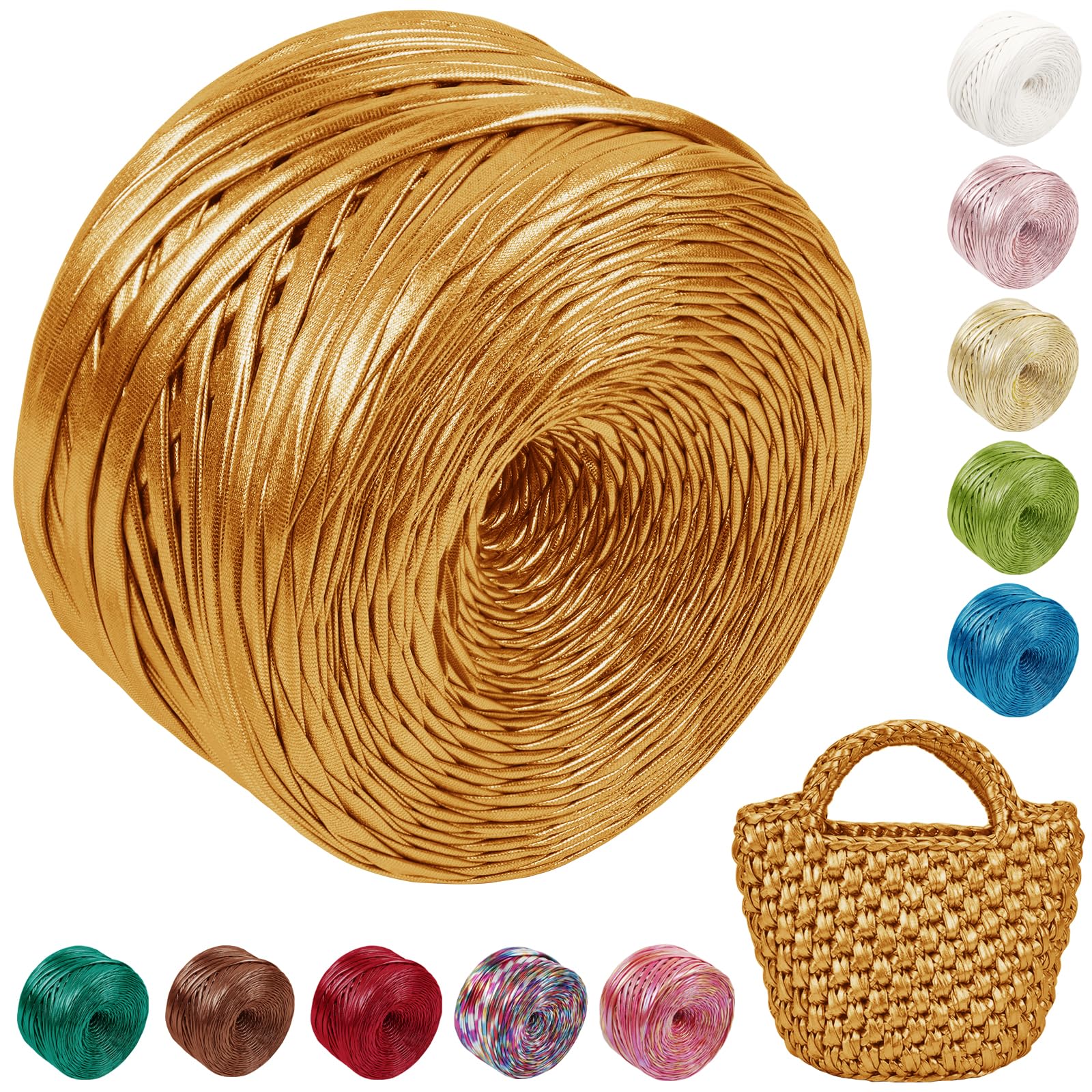 Uiopa Metallic T Shirt Yarn for Crocheting, 200g/60m Polyester Elastic Tshirt Yarn Single-Side Thick Fabric Cloth Ribbon for Crochet Bags, Baskets, Home Decor, DIY Crafts (Golden Yellow)