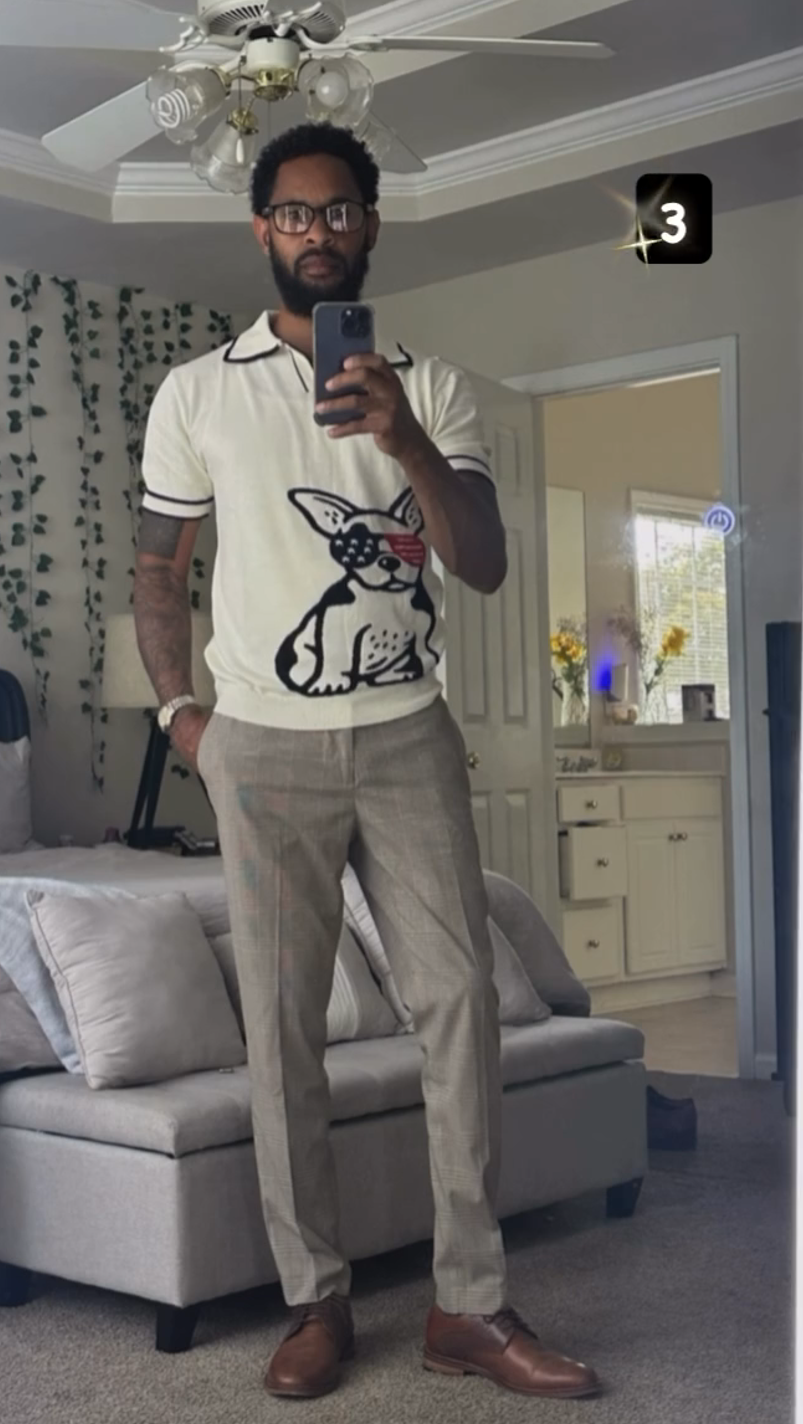 Camiseta polo retro blanca de punto para hombre OXKNIT, estilo mod años 60 con estampado animal y cuello en V miniatura 7