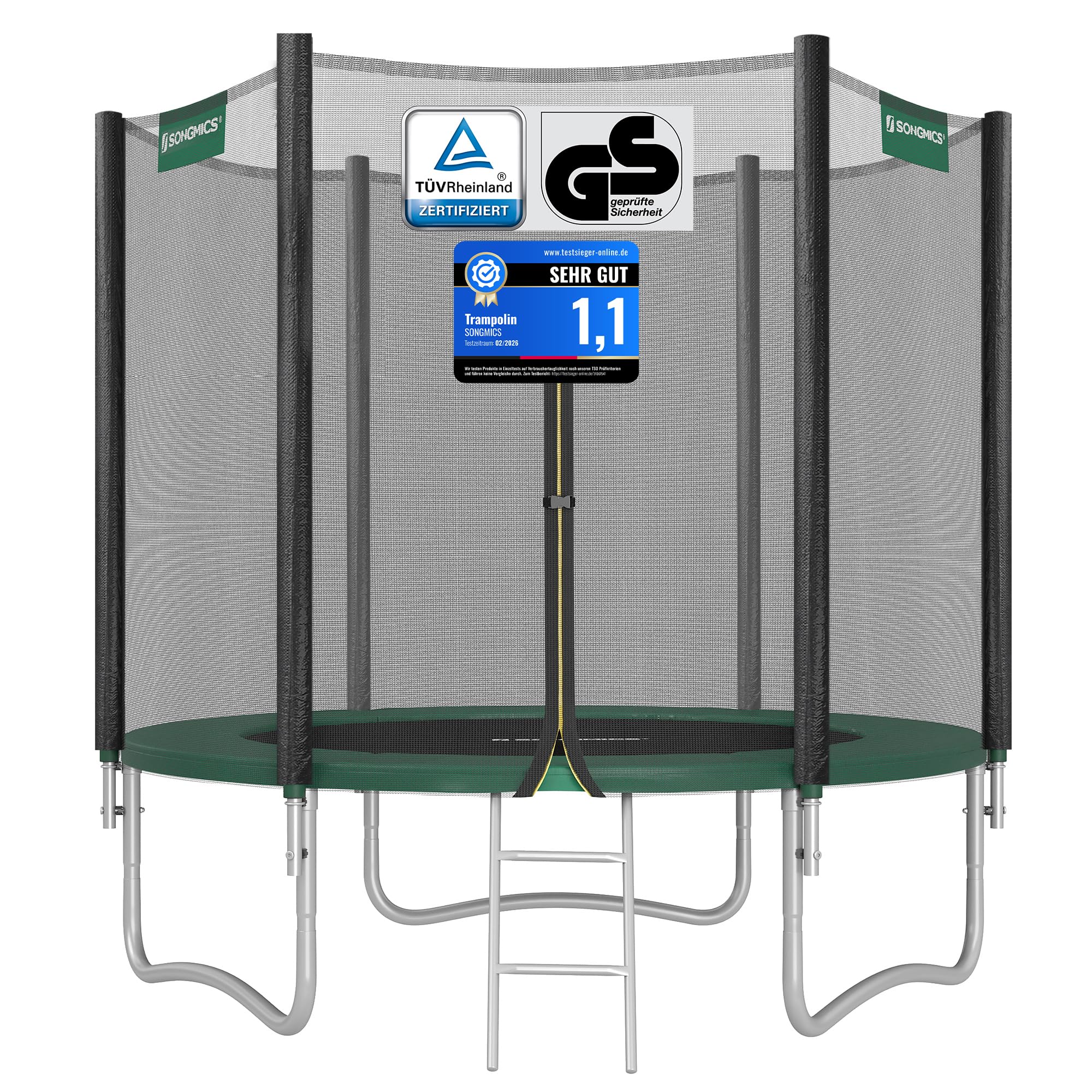 SONGMICS Trampolin Outdoor Ø 183/244/305/366/427 cm, rundes Gartentrampolin Kindertrampolin mit Randabdeckung, mit Sicherheitsnetz, mit Leiter und gepolsterten Stangen