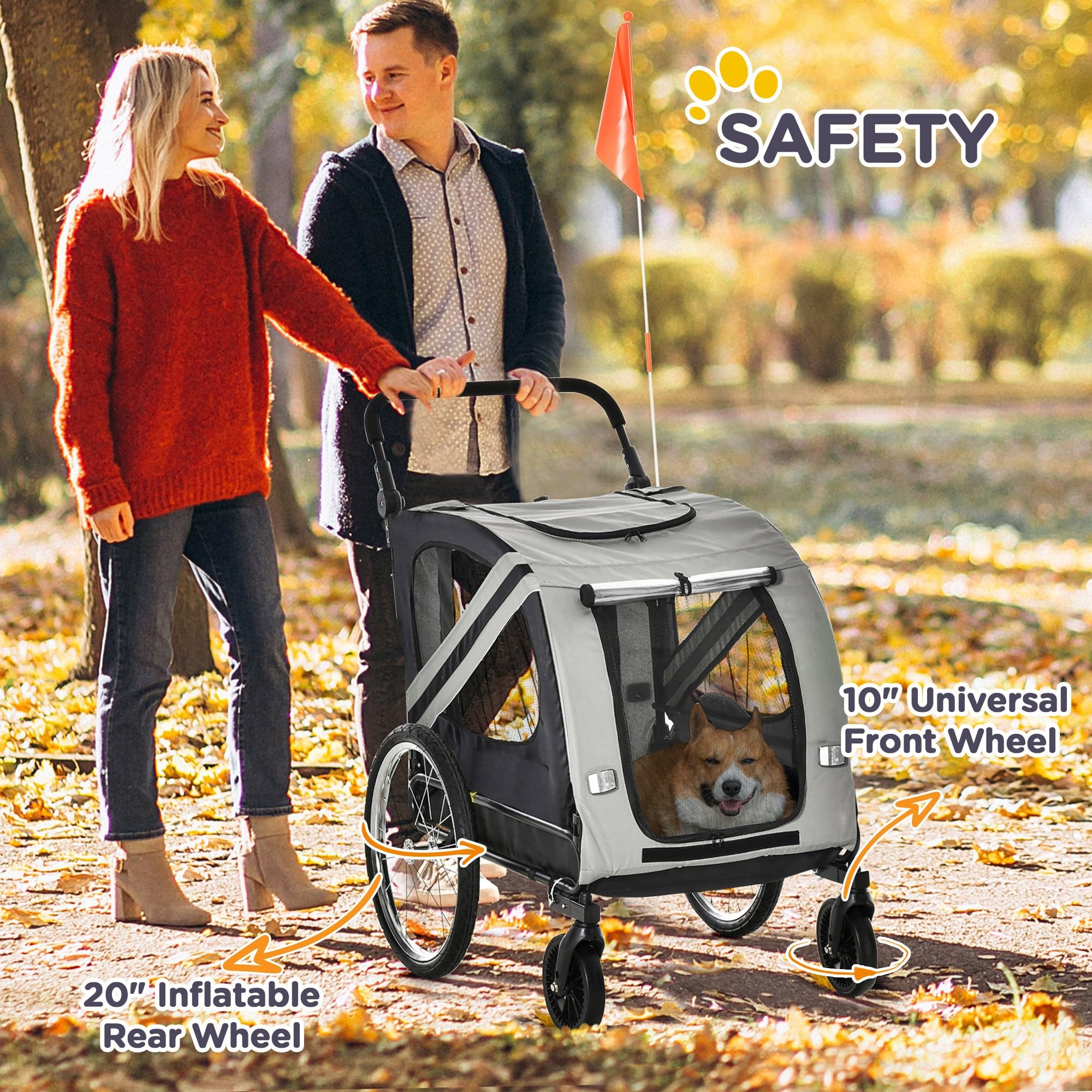 PawHut Remolque de Bicicleta para Perros 2 en 1 Carrito de Transporte para Mascotas con Puertas Enrollables Cinturón de Seguridad Bandera y 6 Reflectores Carga 30 kg 140x72,5x108 cm