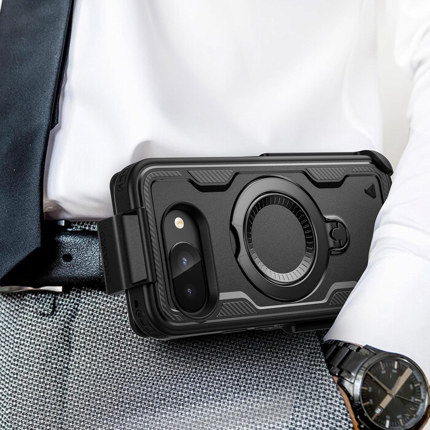 Encased for Google Pixel 9a Case with Belt Clip - Dual-Layer Phone Case with Rotating Magnetic Kickstand and Holster, Black (Compatible with MagSafe)