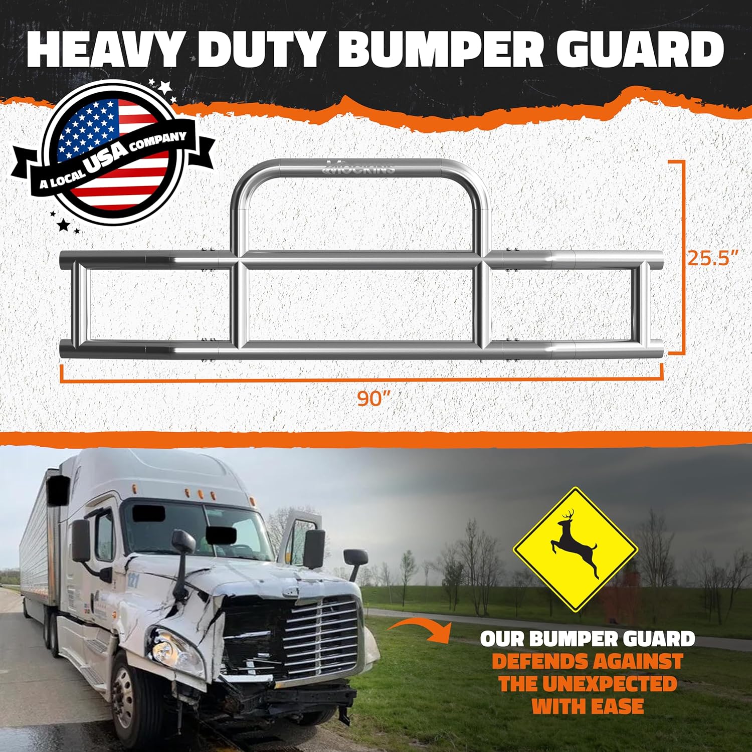 Mockins 90”x11.5”x25.5” Bumper Guard & Front Bumper Bracket Set for 2006-2012 Peterbilt 386 & 587 Models | Folding Stainless Steel Grille Guard & Mounting Bracket Kit for All-Weather Semi Protection