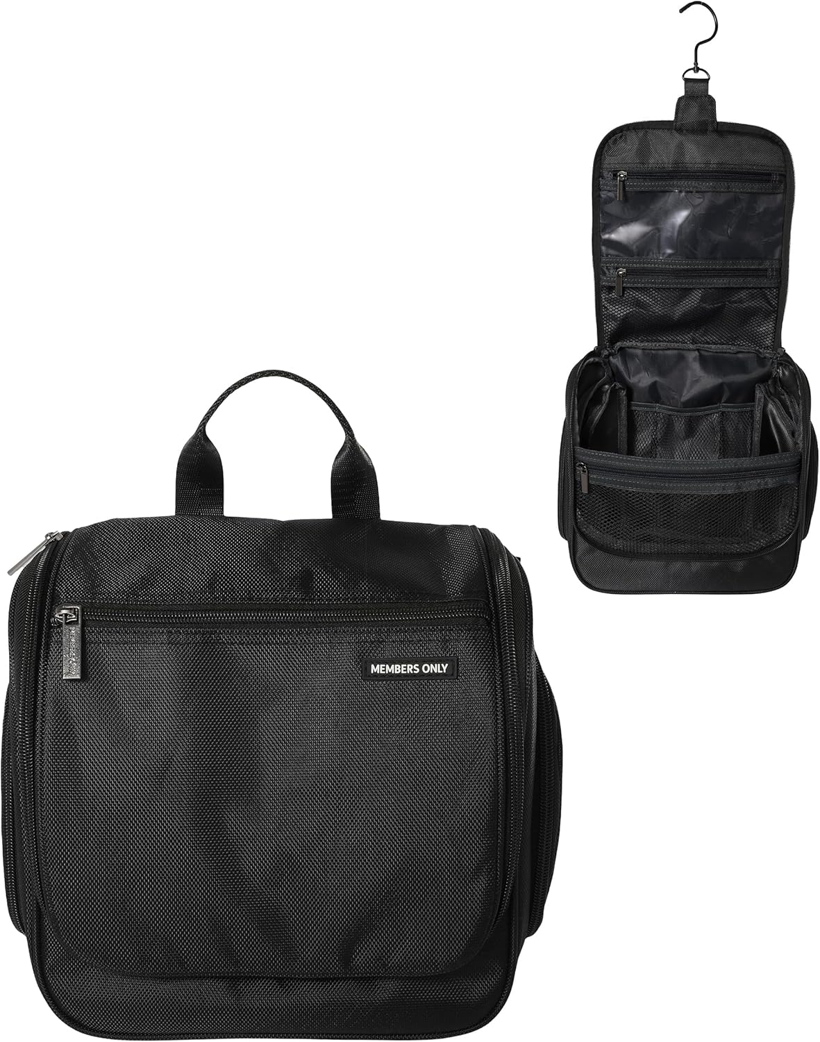 Members Only Hanging Toiletry Bag with Rotating Hook, Black Toiletry Organizer, Bathroom Bag