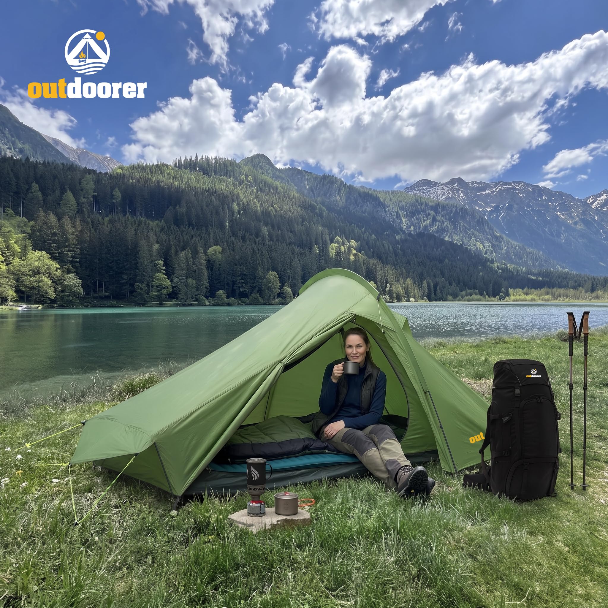 outdoorer Trek Solo Einmannzelt - 1,45kg leichtes Trekkingzelt, Schnellaufbau System, sehr kleines Packmaß, geräumiges 1-Personen-Leichtzelt für Trekking und Camping mit Apsis, Belüftung, grün.