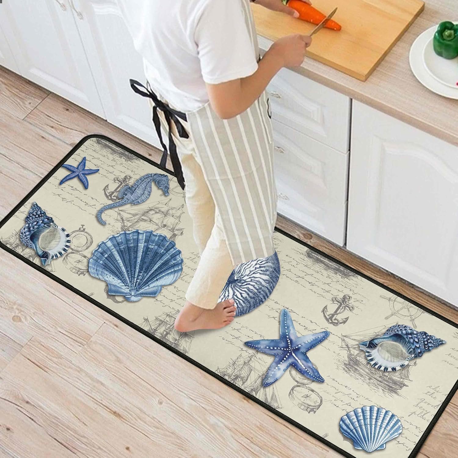 Ocean Theme Seashell Starfish Nautical Decorative Kitchen Rugs and Mats Set of 2, Kitchen Mats for Home Kitchen Decor 17"x47"+17"x30"