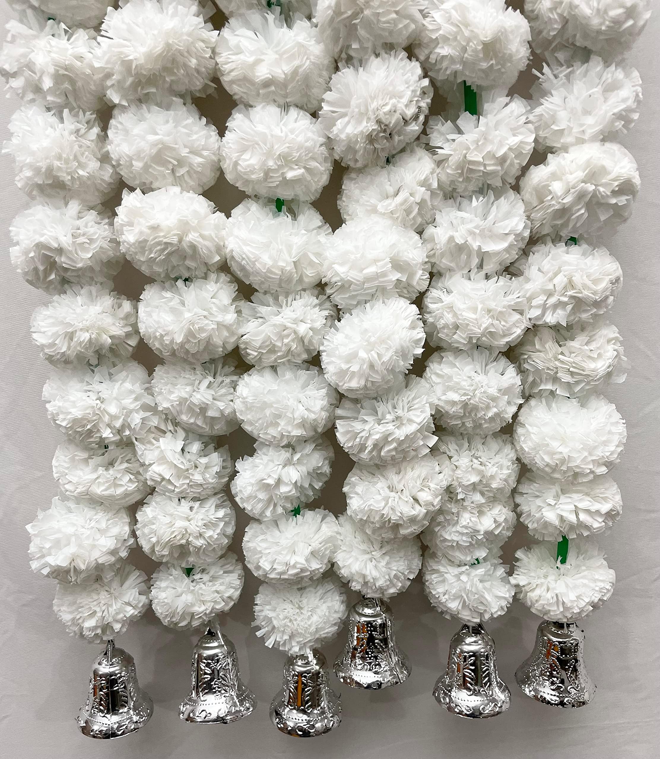 SPHINX Artificial Marigold Fluffy Flowers and Golden/Silver Hanging Bells Short Garlands/Torans/Wall hangings for Decoration Approx 2.5 ft- 15 Flowers per String- (White, 10)