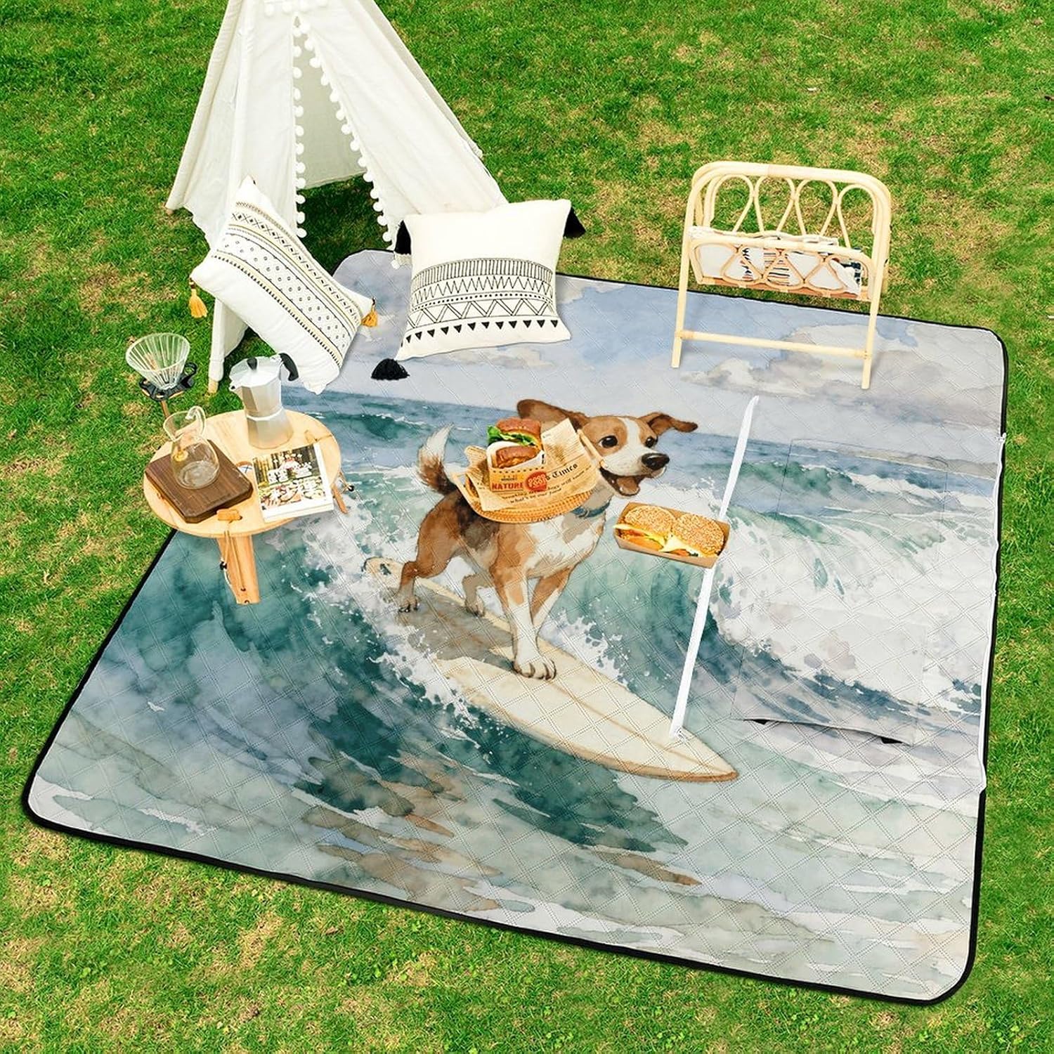 Happy Doggies Picnic Blanket with Zipper Water Resistant Sand Free Picnic Mat Washable Foldable Easy Carry Beach Blanket for Lawn Beach Hiking Camping
