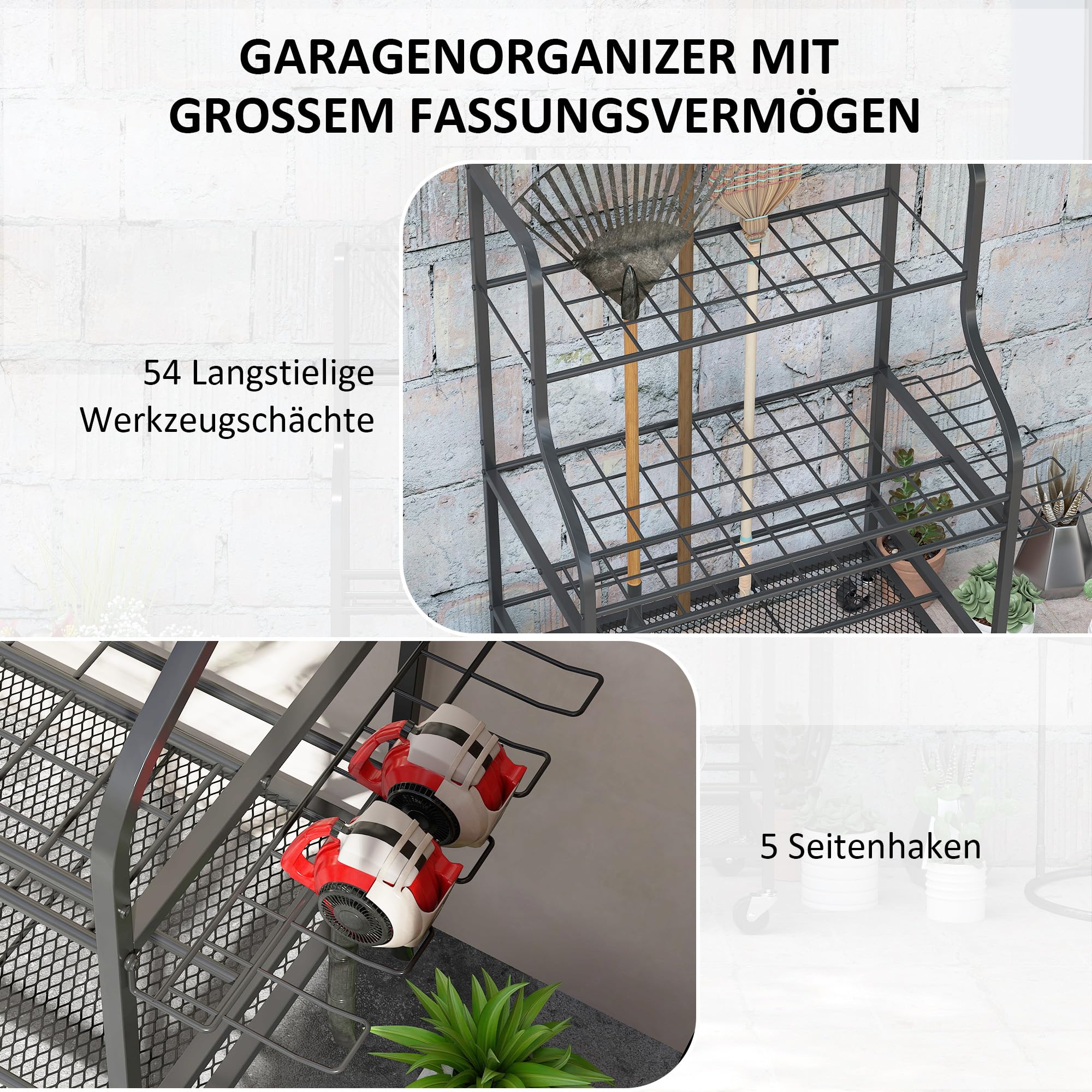 Outsunny Gartenwerkzeug-Organizer 3-stufig mit Haken 77x40x97cm Schwarz | Gartengeräte Ständer, Gartenwerkzeugständer, bis 40 kg belast, Gerätehalter, Mehrzweck Besenhalter, für Garage, Schuppen