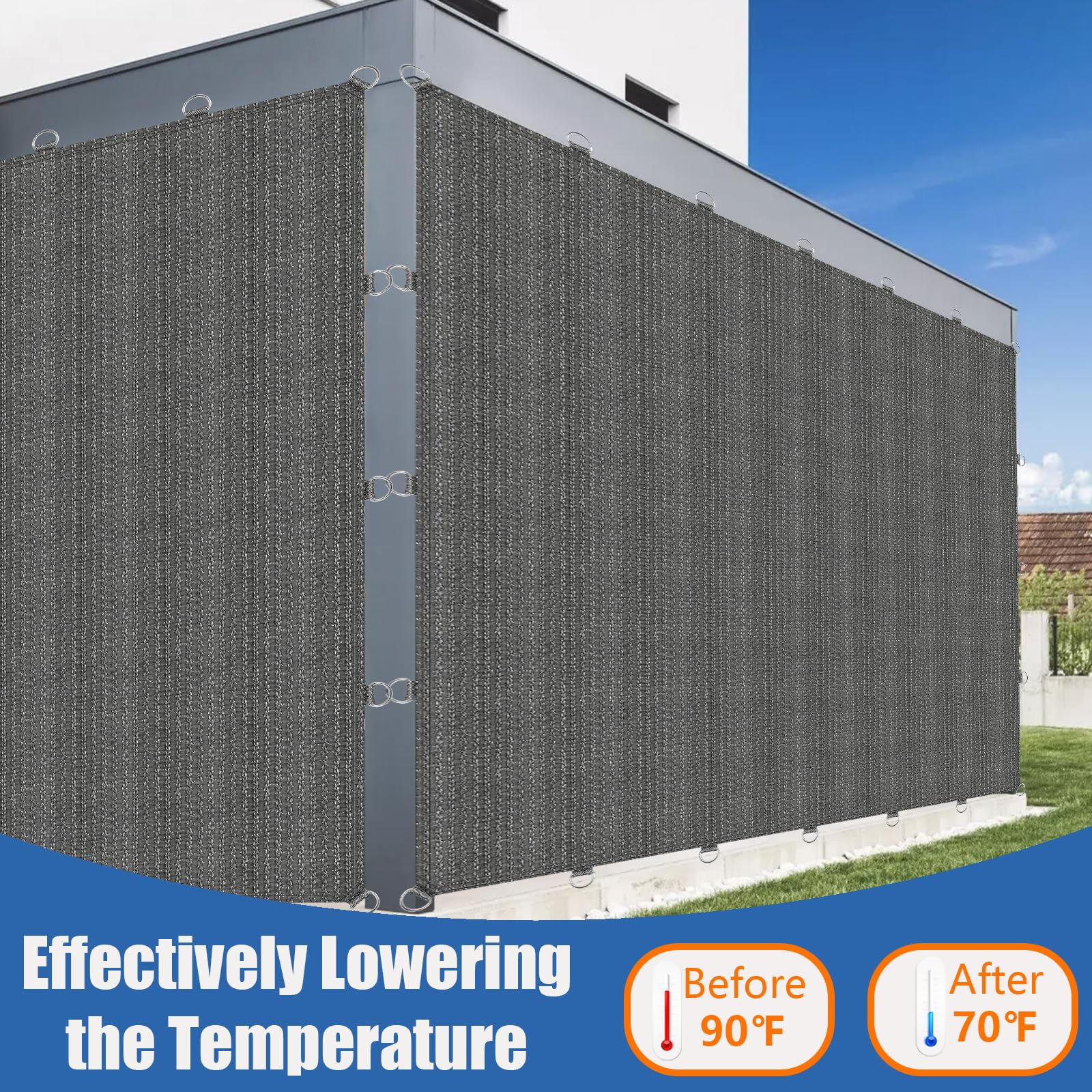 90% 3 x 9 m Rete Ombreggiante Esterno con Anelli a D | Tela Ombreggiante per Esterno, Patio, Pergola, Giardino, Cortile, Terrazzo, Portico, Grigio