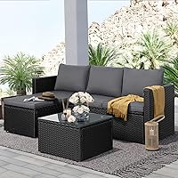 SUNLEI 3-Piece Patio Sectional Sofa Set with Cushions, Glass Table & Ottoman - PE Rattan Outdoor Conversation Furniture, Black/Grey, Seats 8-9