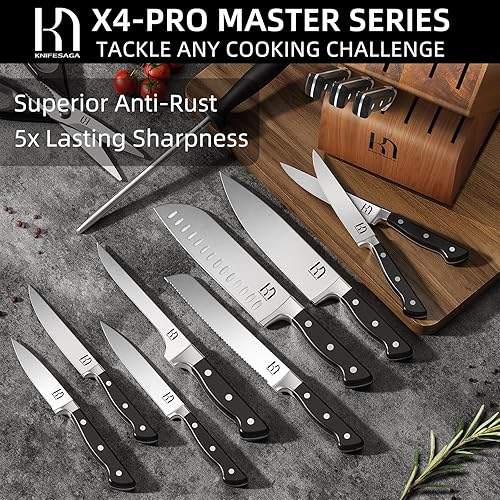 Miniatura 5 de Juego de cuchillos de cocina de 15 piezas, juego de cuchillos de chef de acero inoxidable japonés de alto carbono con bloque y afilador, juego de
