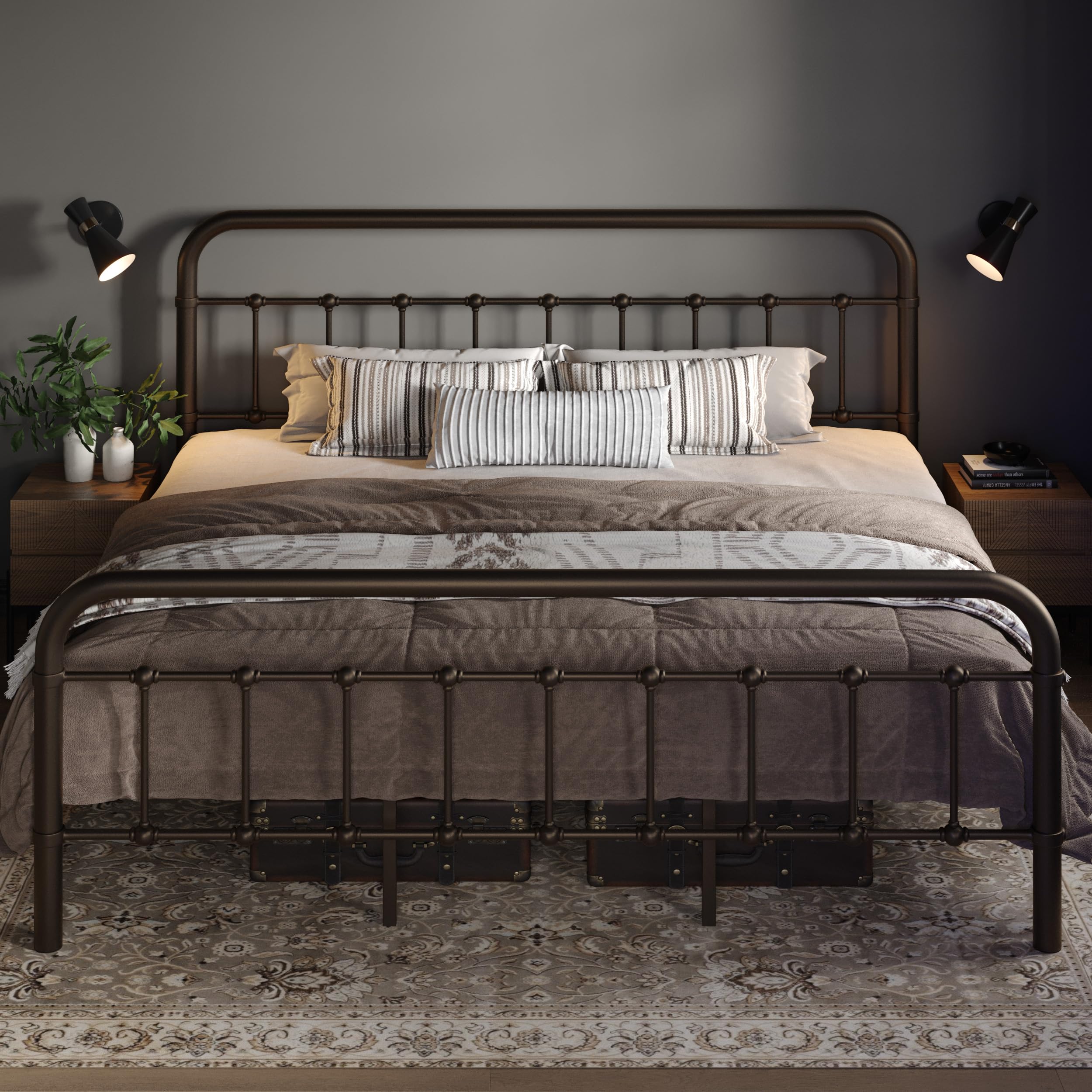 Allewie King Metal Bed Frame with Iron-Art Headboard, Antique Bronze