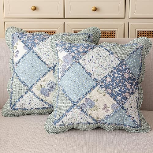 vctops Set of 2 Quilted 100% Cotton Boho Throw Pillow Covers 18" x 18" Farmhouse Country Floral Patchwork Decorative Cushion Cover, Patchwork Flower F