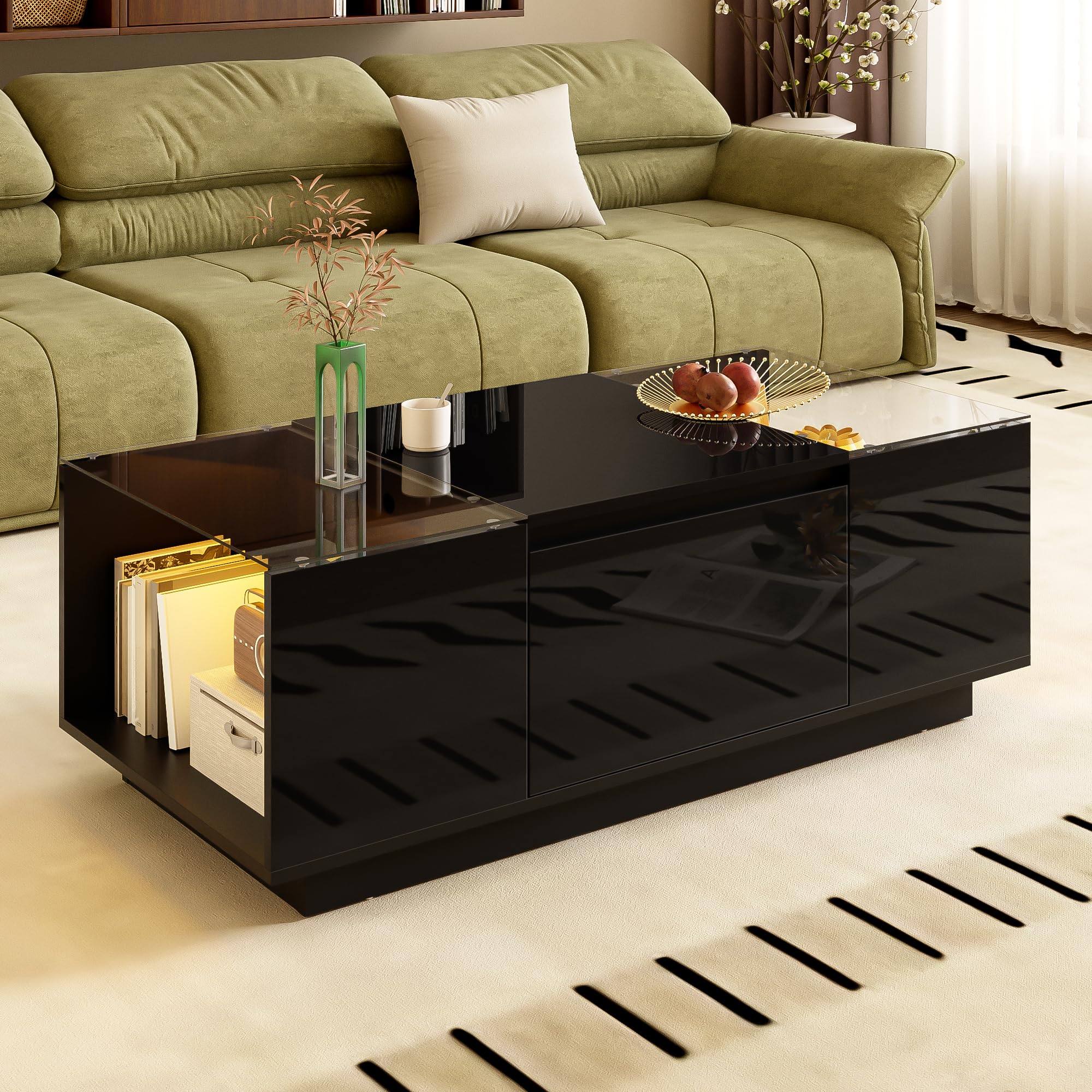 Mesa de centro con luces LED Homgoday de 105x50x35 cm y almacenamiento para salón