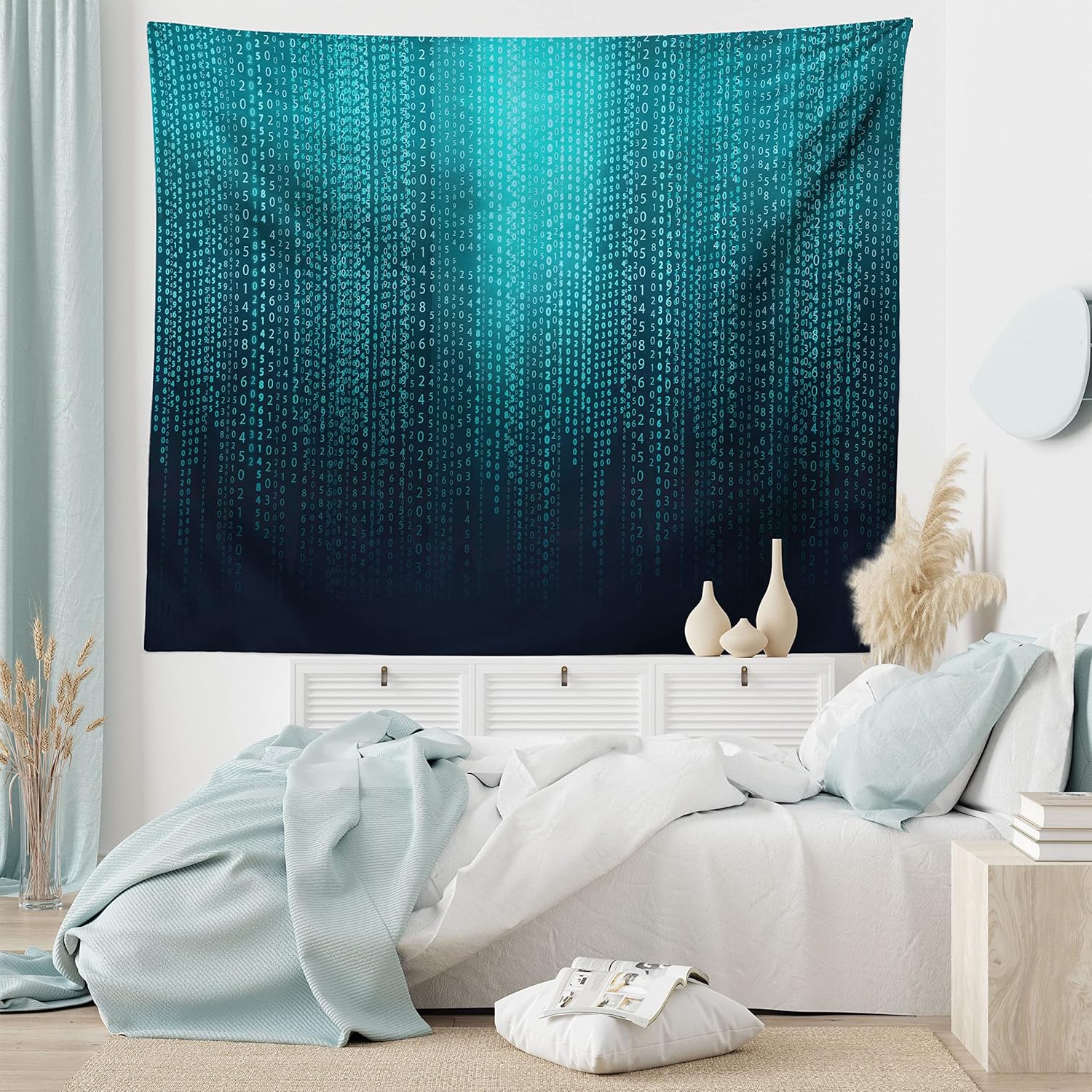 Lunarable Digital Tapestry King Size, Web Computer Programmer Futuristic Matrix Display with Algorithms Code Image, Wall Hanging Bedspread Bed Cover Wall Decor, 104" X 88", Petrol Blue