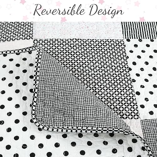 Miniatura 4 de Cozy Line Home Fashions - Juego de ropa de cama reversible de lunares y rayas en negro, blanco y rosa, con estrellas, de 100% algodón, colcha para