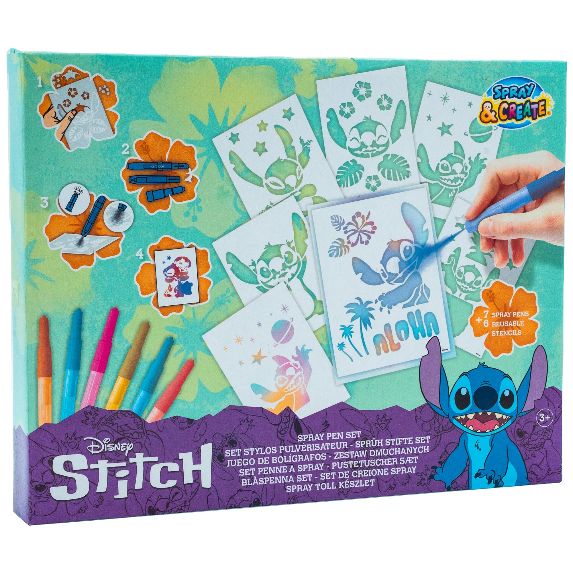 Disney Lilo and Stitch Blow Pens for Kids - x 7 Blowpens and 6 Stencils - Blo Pens Airbrush Art for Colouring, Mess Free Markers, Craft Set for Girls and Boys 3+ - Birthday Gifts for Girls Age 6 7 8