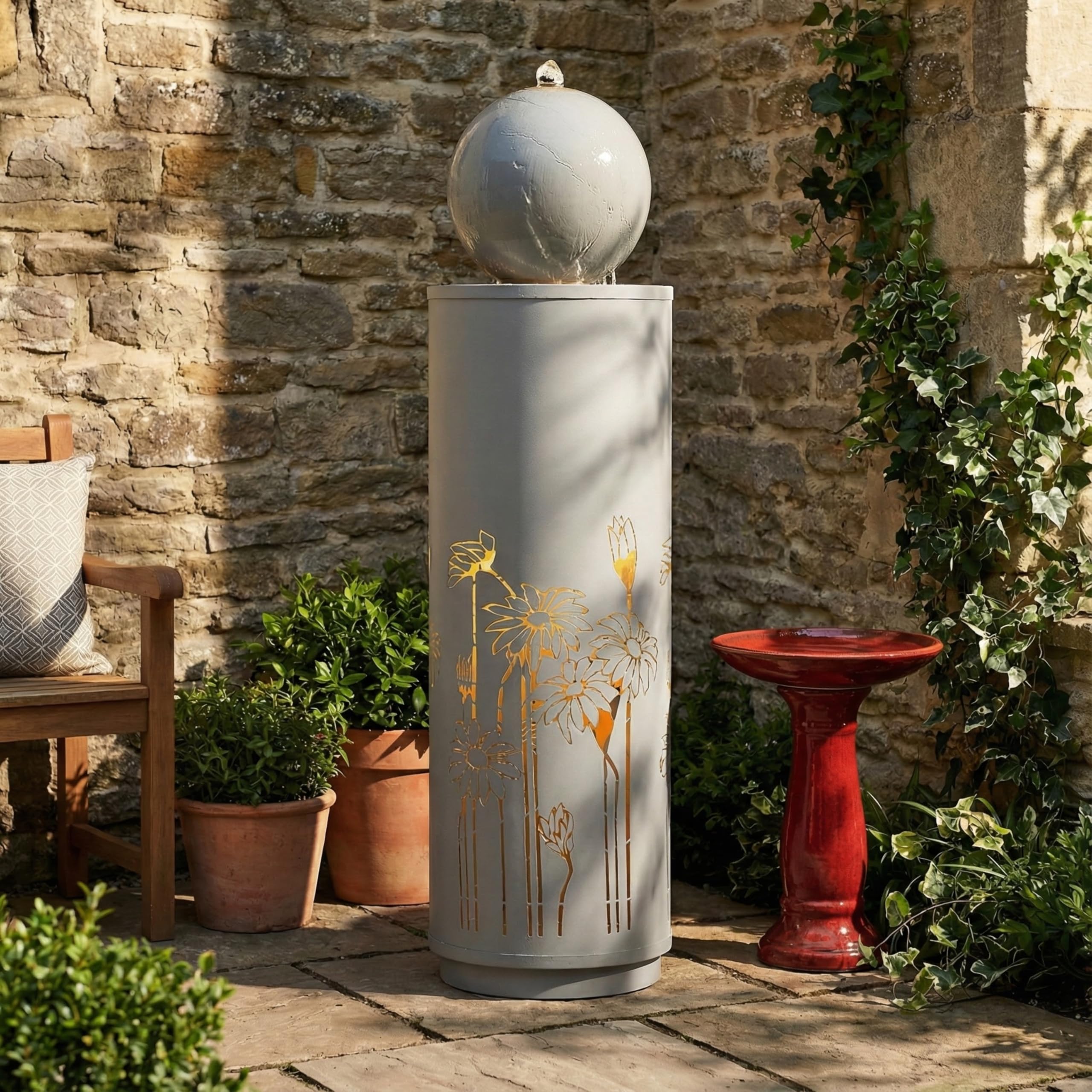 Christopher Knight Home Zoe 34.25" H Metal Water Fountain Outdoor with LED Light, Recirculating Pump Outdoor Fountain with Sphere-Top, Freestanding Modern Cascading Water for Lawn/Garden, Light Gray