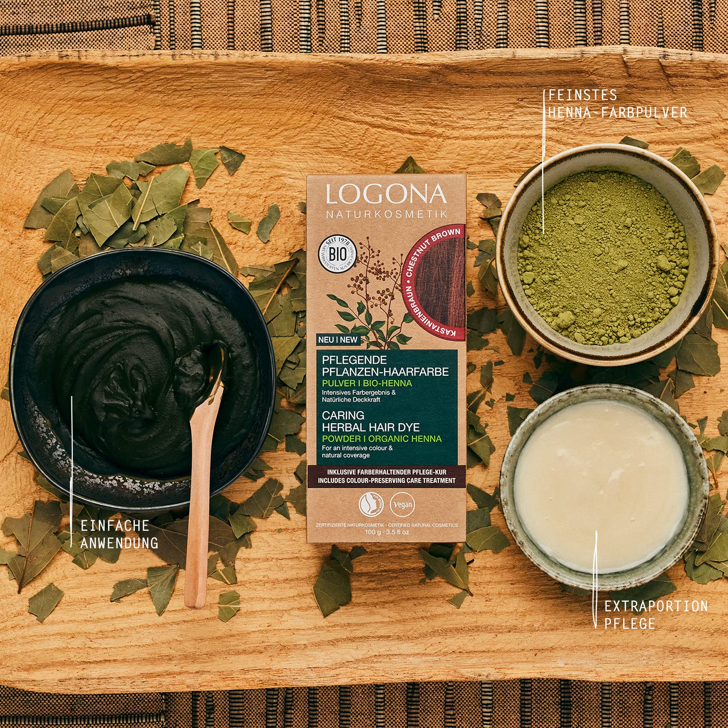 LOGONA Naturkosmetik Pflegende pflanzliche Haarfarbe, Veganes Haarfarbe-Pulver mit Bio-Henna für intensive Farbe und Glanz, Pflanzenhaarfarbe in Kastanienbraun (Braun), 1 x 100g (Packung mit 5)