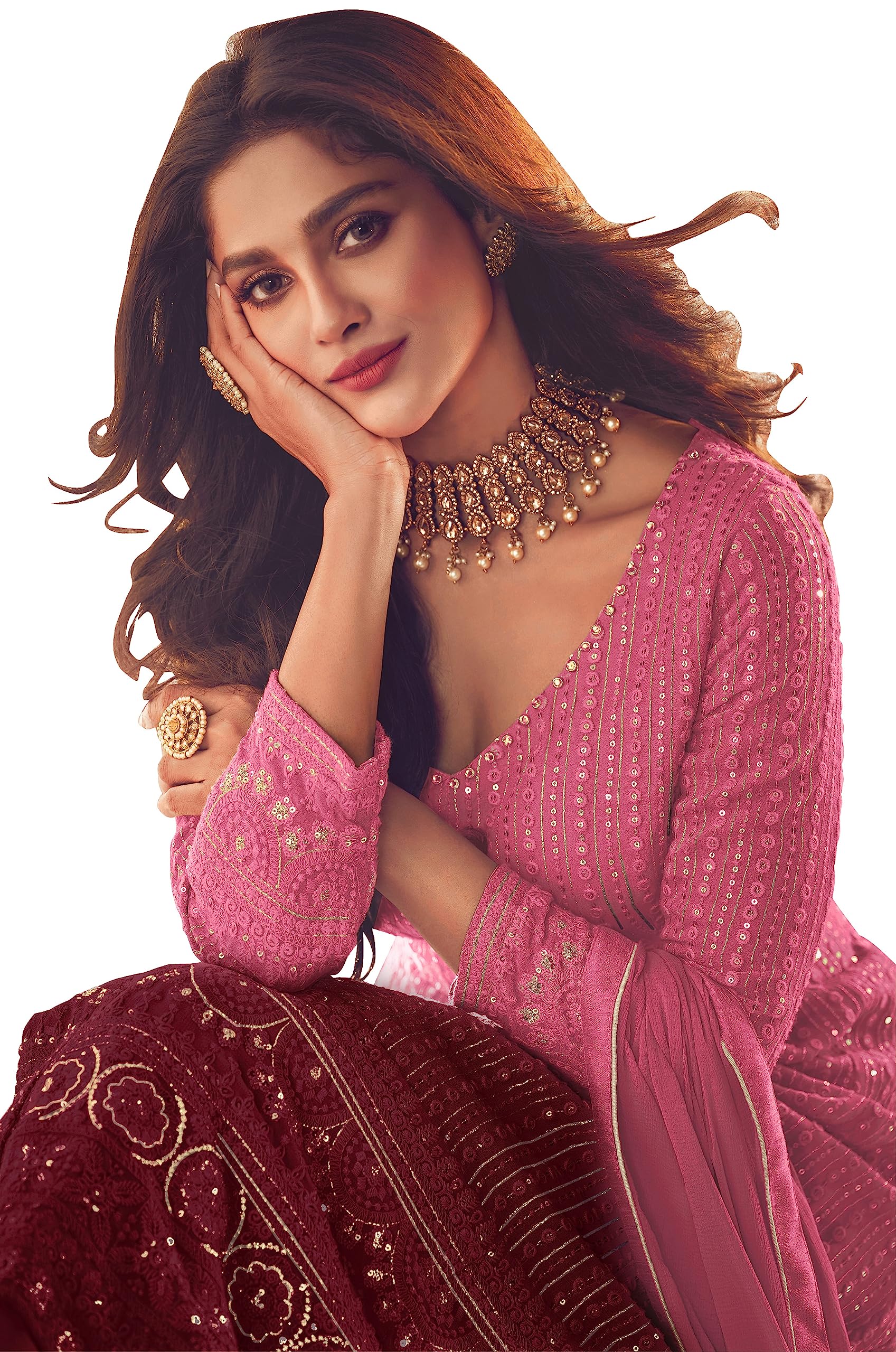 RUDRAPRAYAG Georgette and Santoon Anarkali Long Gown for Women | Semi Stitched Anarkali Gown for Women | Gown in Clothing & Accessories Pink_Free Size 2