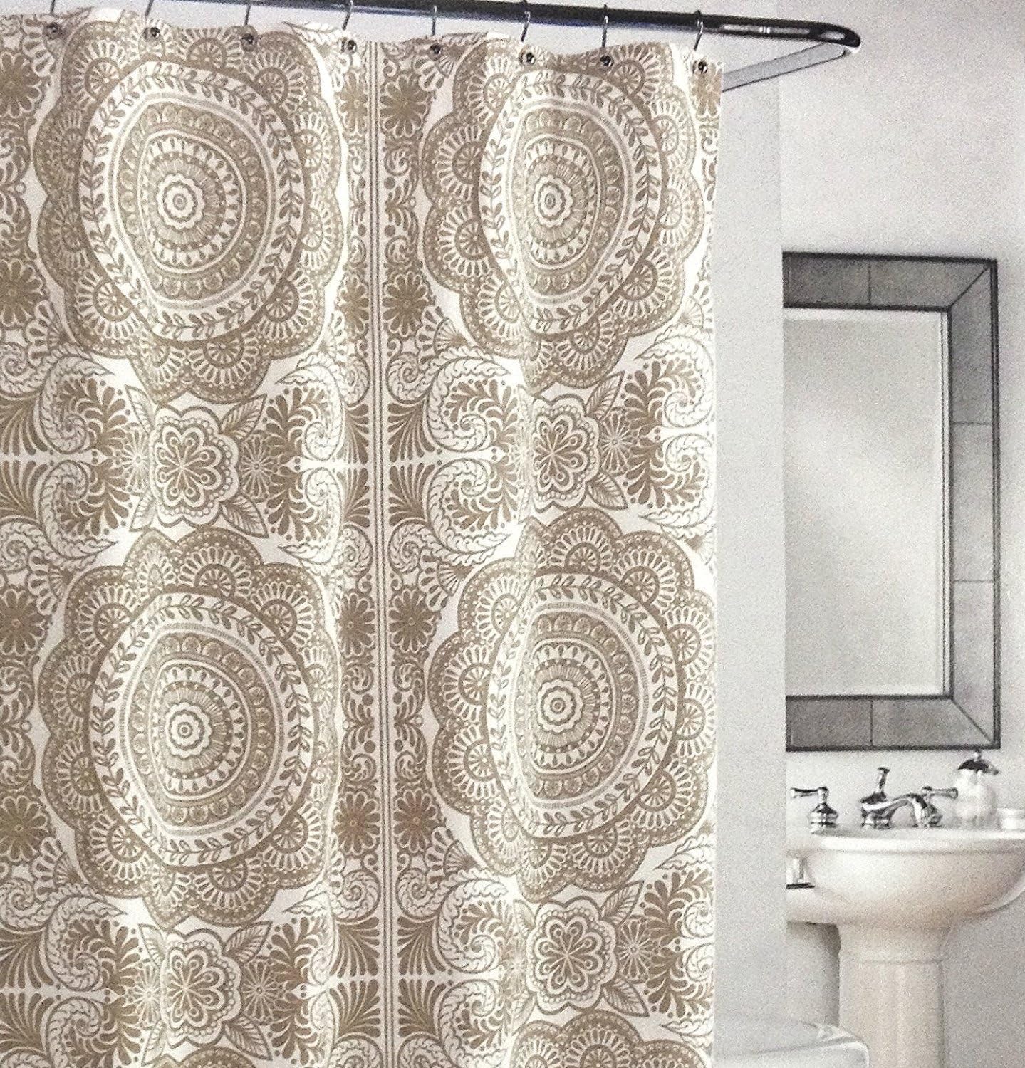 Cynthia Rowley Large Light Brown & White Medallion Fabric Shower Curtain