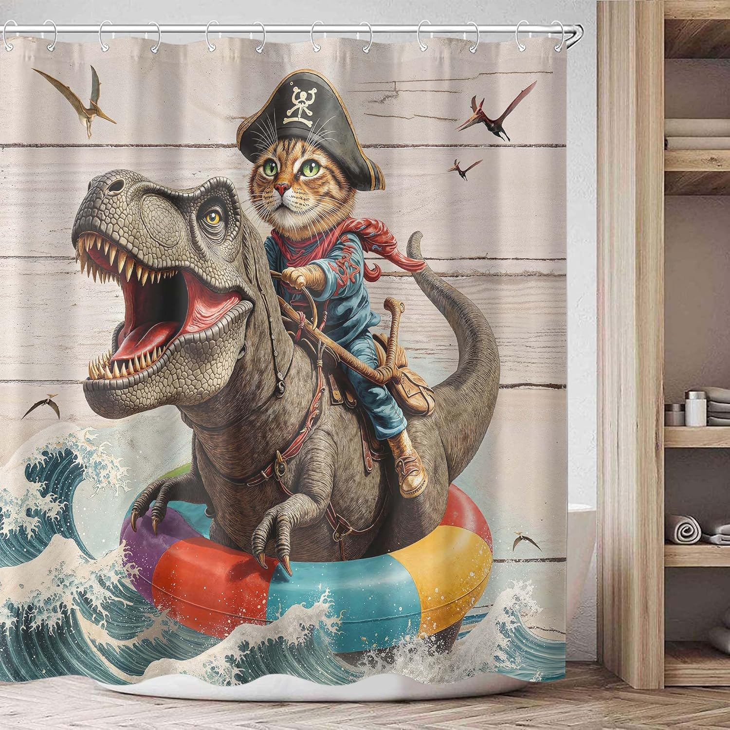 Pirate Cat Dinosaur Shower Curtain Set Nautical Adventure Style Waterproof Bathroom Shower Curtain Ocean Sea Ride Print Fun Home Decor 72x72 Inch with 12 Plastic Hooks.
