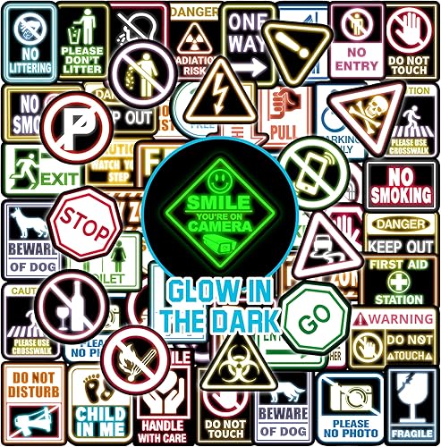 Calcomanías de advertencia de seguridad de neón que brillan en la oscuridad para botellas de agua, 70 piezas divertidas de precaución impermeables