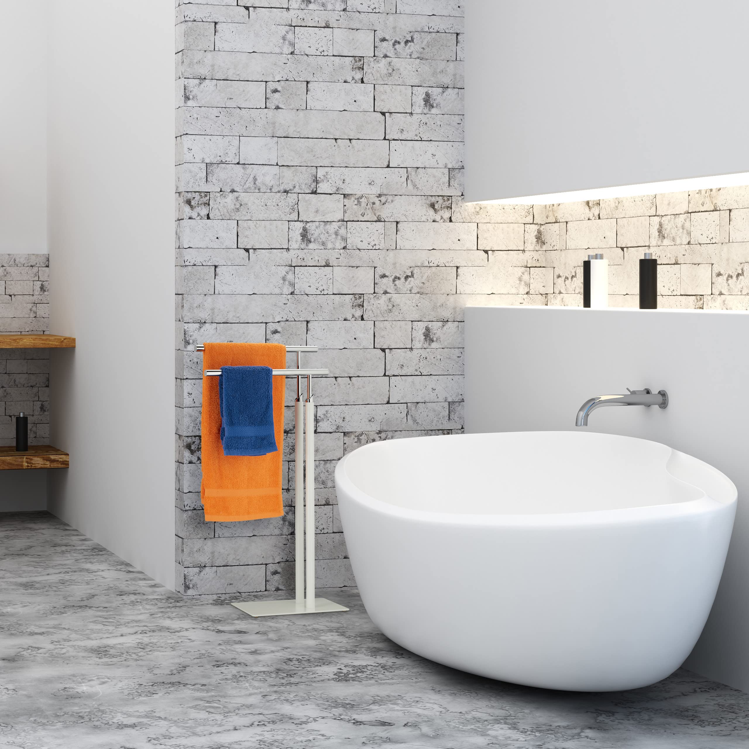 Relaxdays Porte-Serviettes autoportant, 2 Barres, sèche-Serviette Salle de Bain, Acier, HLP : 78x44x20 cm, Blanc/argenté