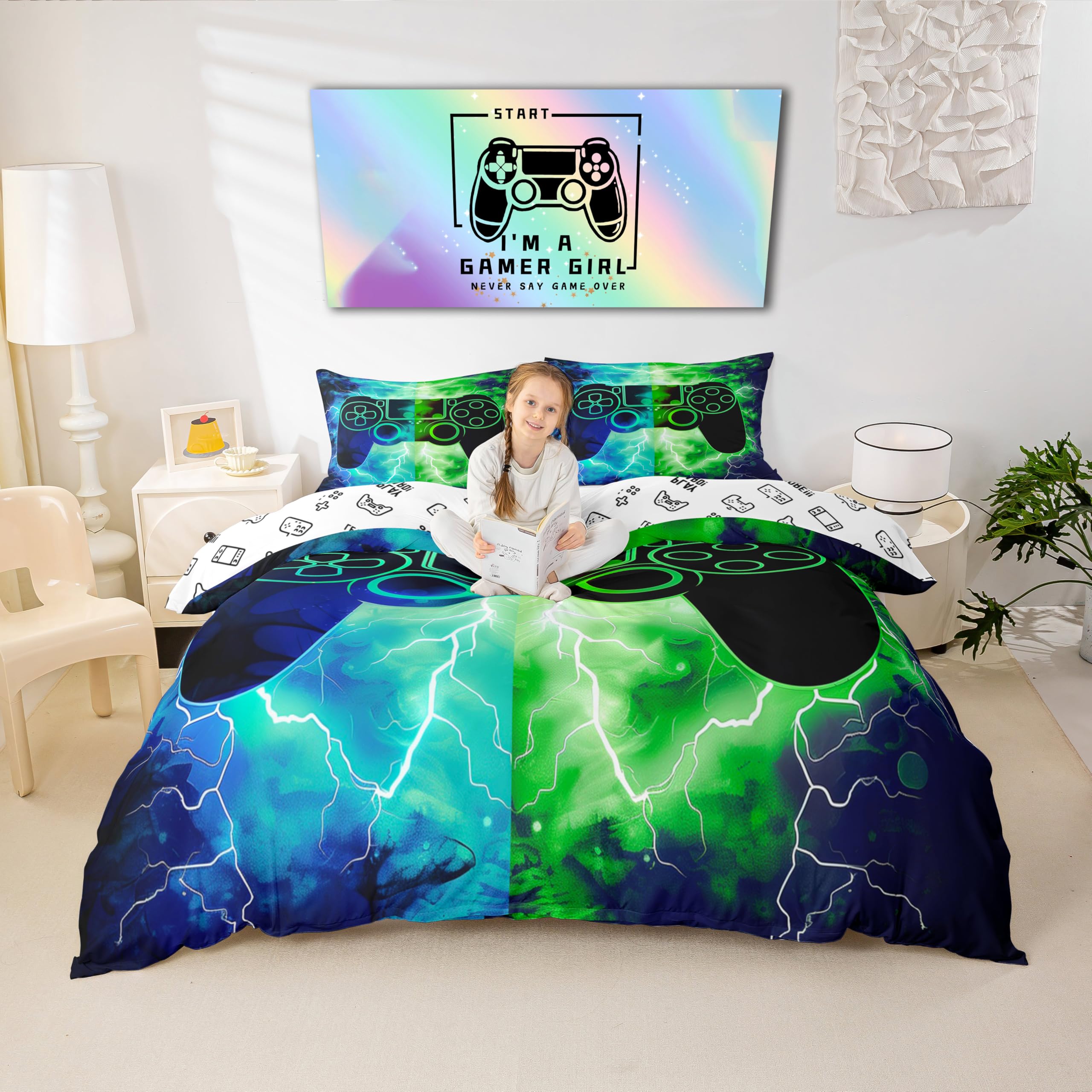 Loussiesd Gamer Gaming 100% Baumwolle Bettwäsche Set 135x200cm Blitze Gamepad Betten für Spielkonsole Betten Grün Blau Modern Bettwäsche-Set