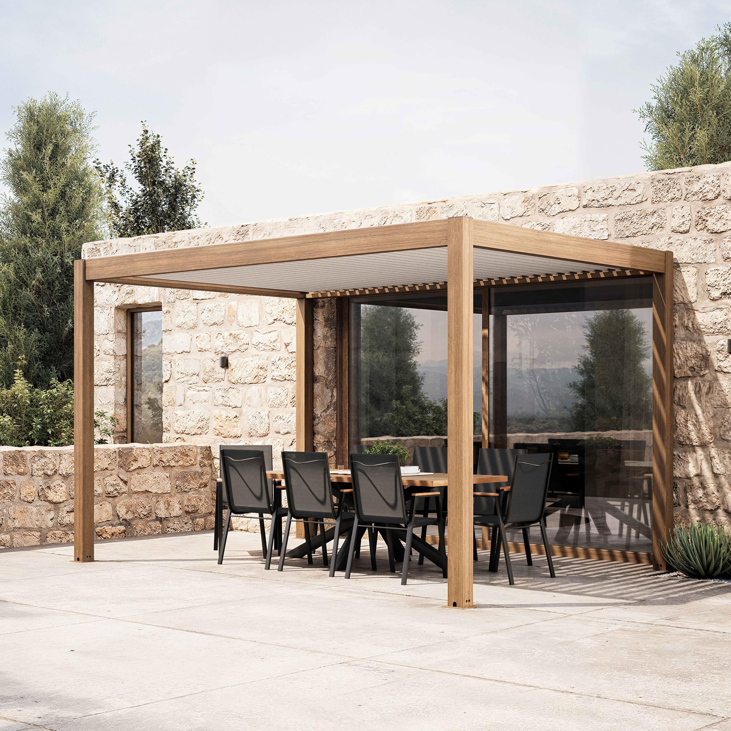 Pergola bioclimatique autoportée et motorisée éclairée 3x4m bois blanc
