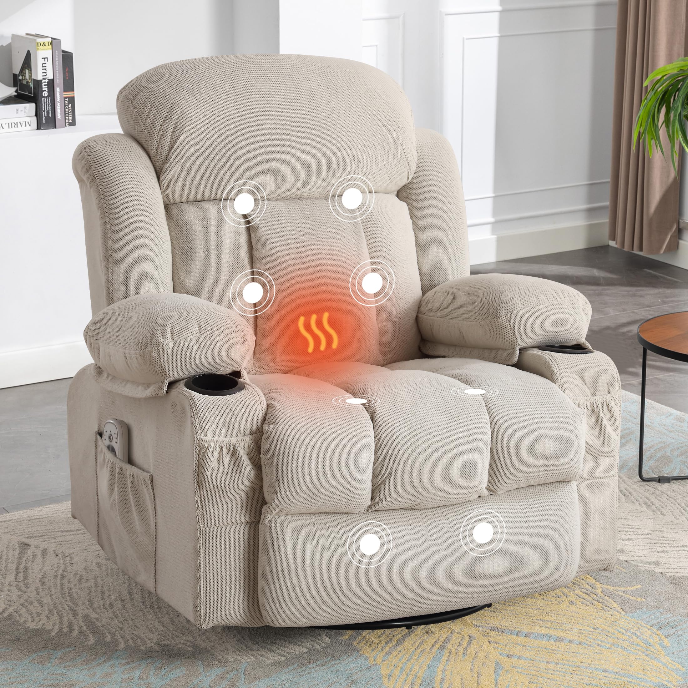 Massage Recliner Chair, Swivel and Rocking Recliner with Heat and Vibration, Breathable Fabric Ergonomic Single Sofa Chair for Living Room with Cup Holders, Side Pockets and USB (Beige)