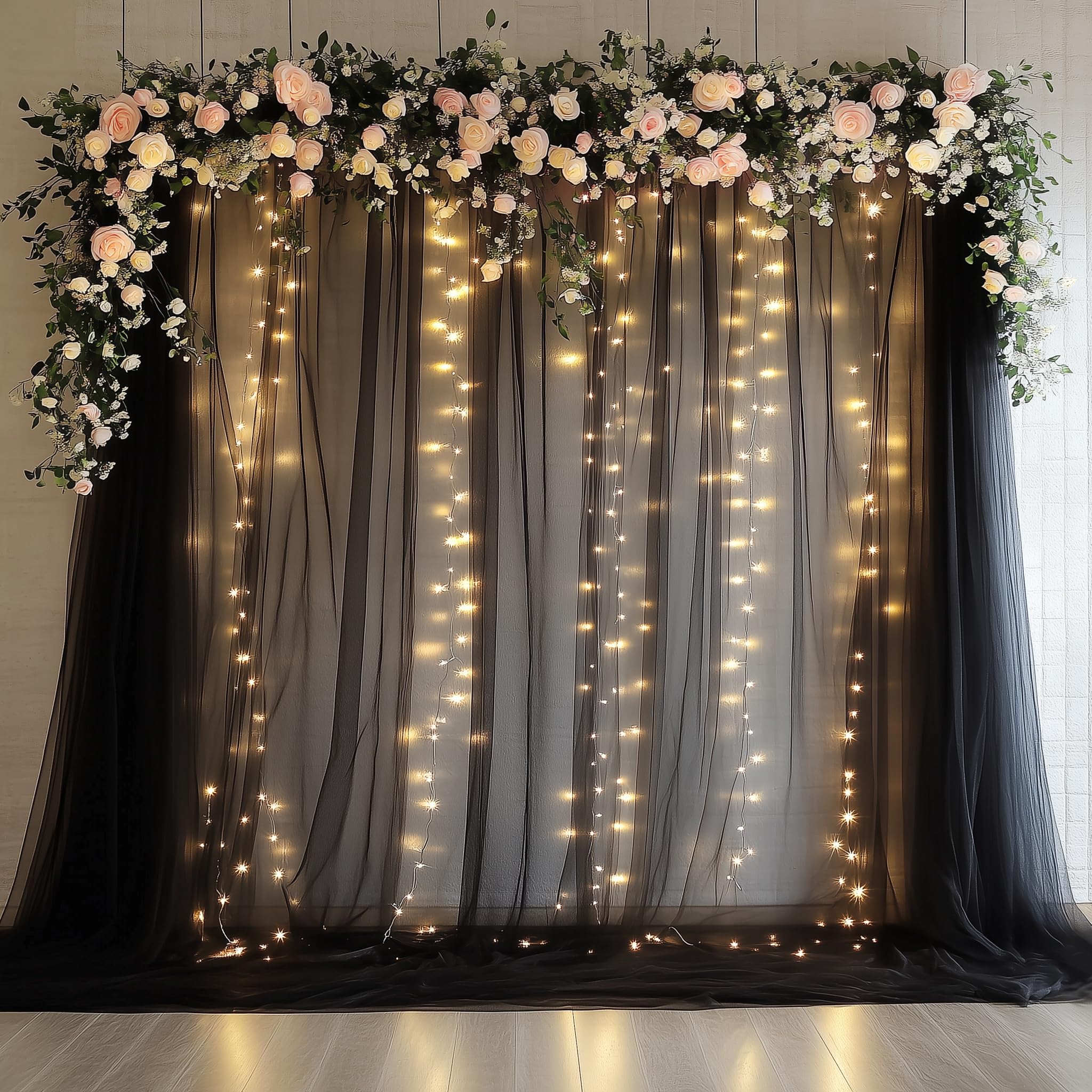 Xiomot Tulle Backdrop Curtain with Lights String 10FT X 10FT Black Sheer Tulle Backdrop Curtains for Wedding Birthday Party Reception Photo Booth