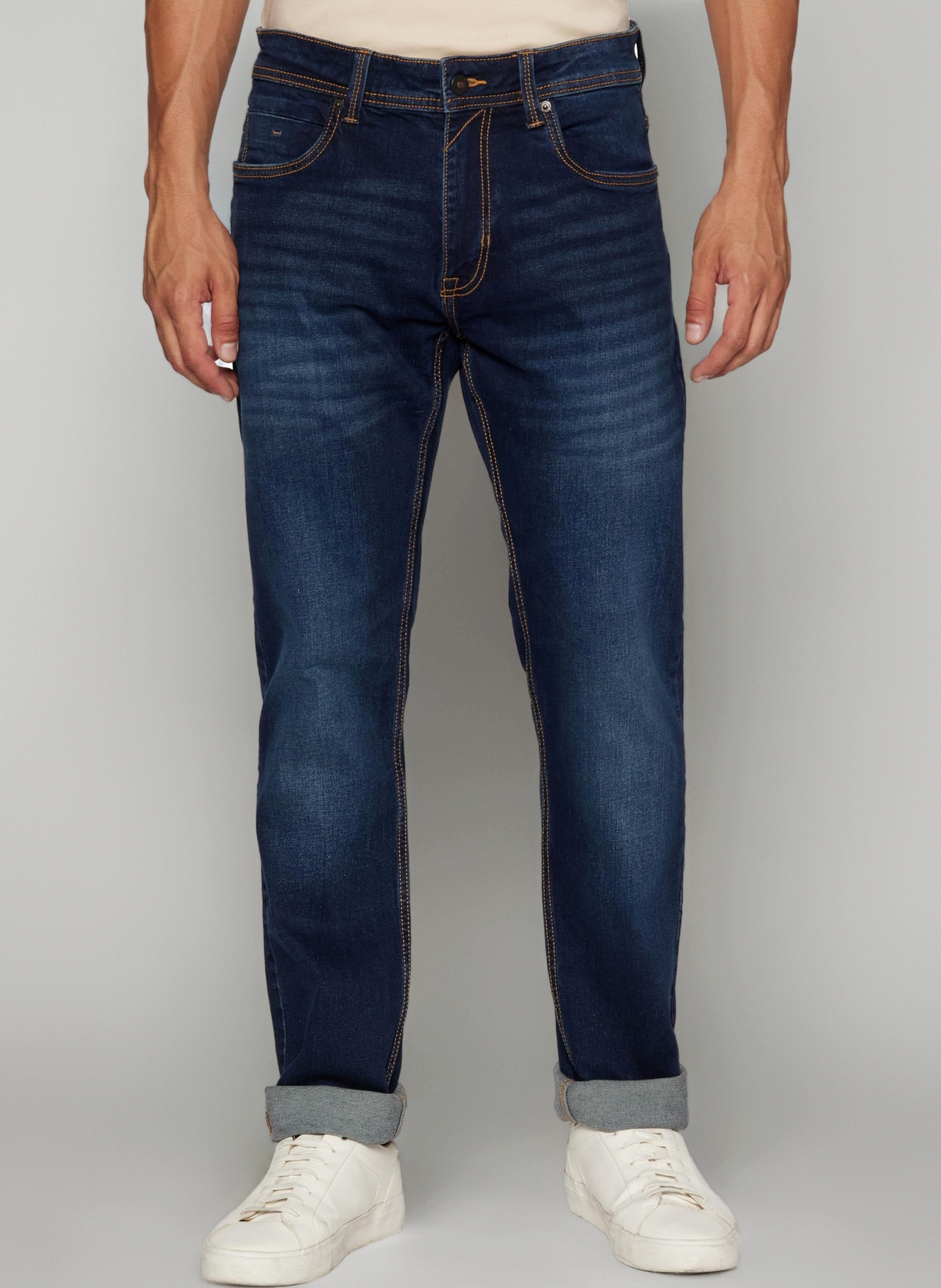 Peter England Men's Tapered Fit Mid Rise Classic Tape Stretchable Twill Jeans