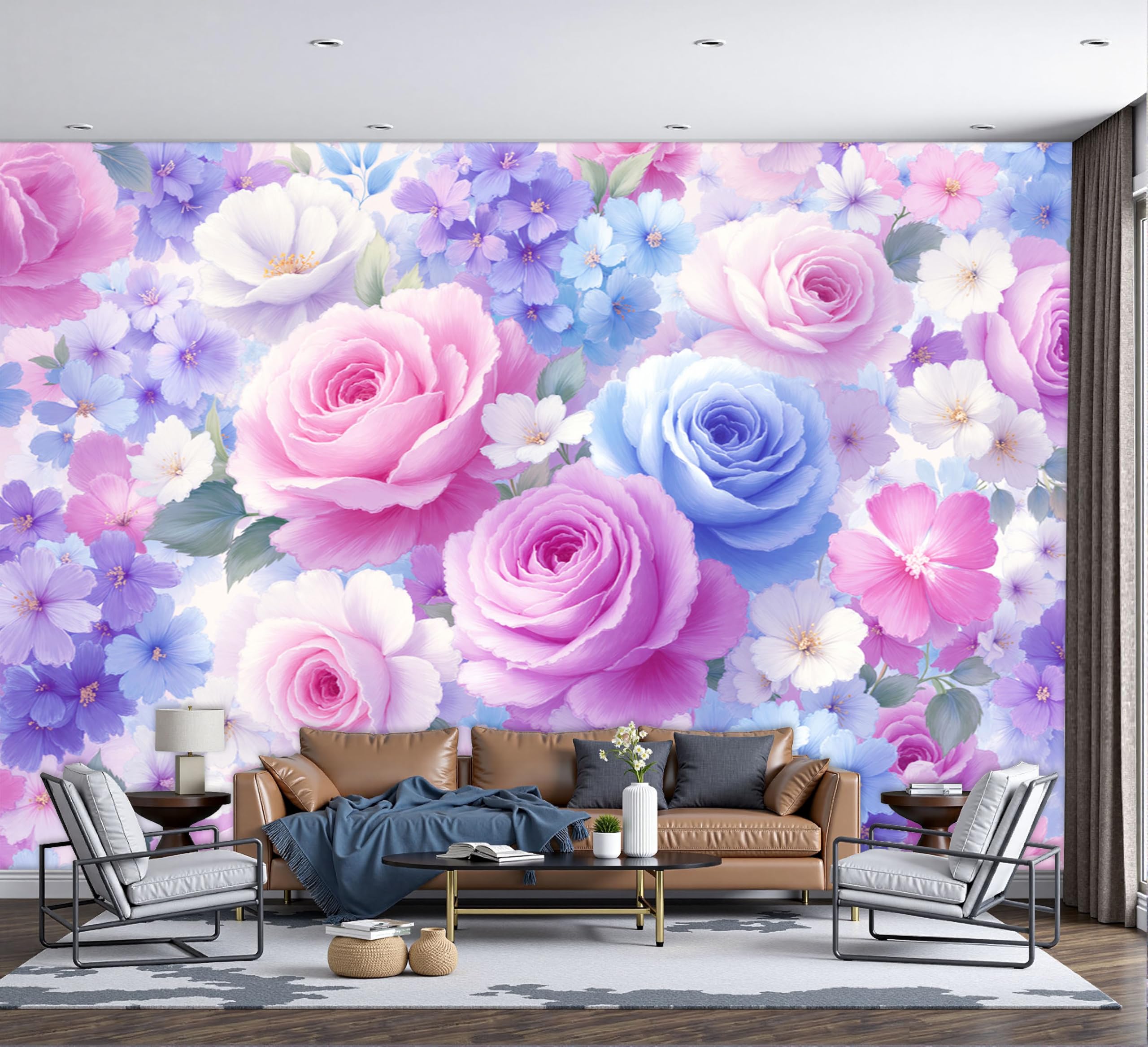 Papier peint panoramique pour agrandir un salon avec poster géant fleurs 3D