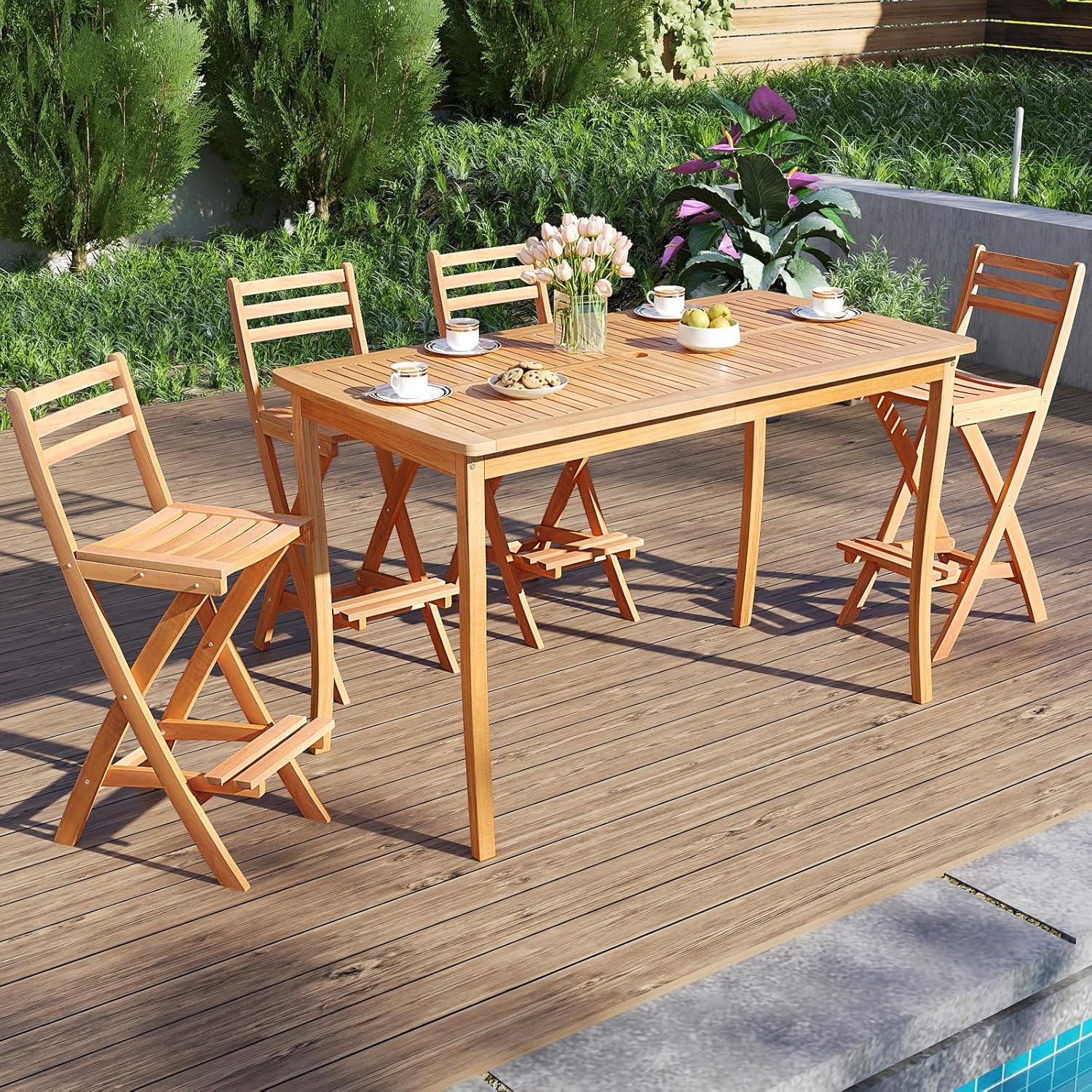Tangkula Patio Folding Barstool, Outdoor Portable High Top Acacia Wood Bar Height Chair with Backrest & Footrest,for Backyard, Garden, Front Porch (1)