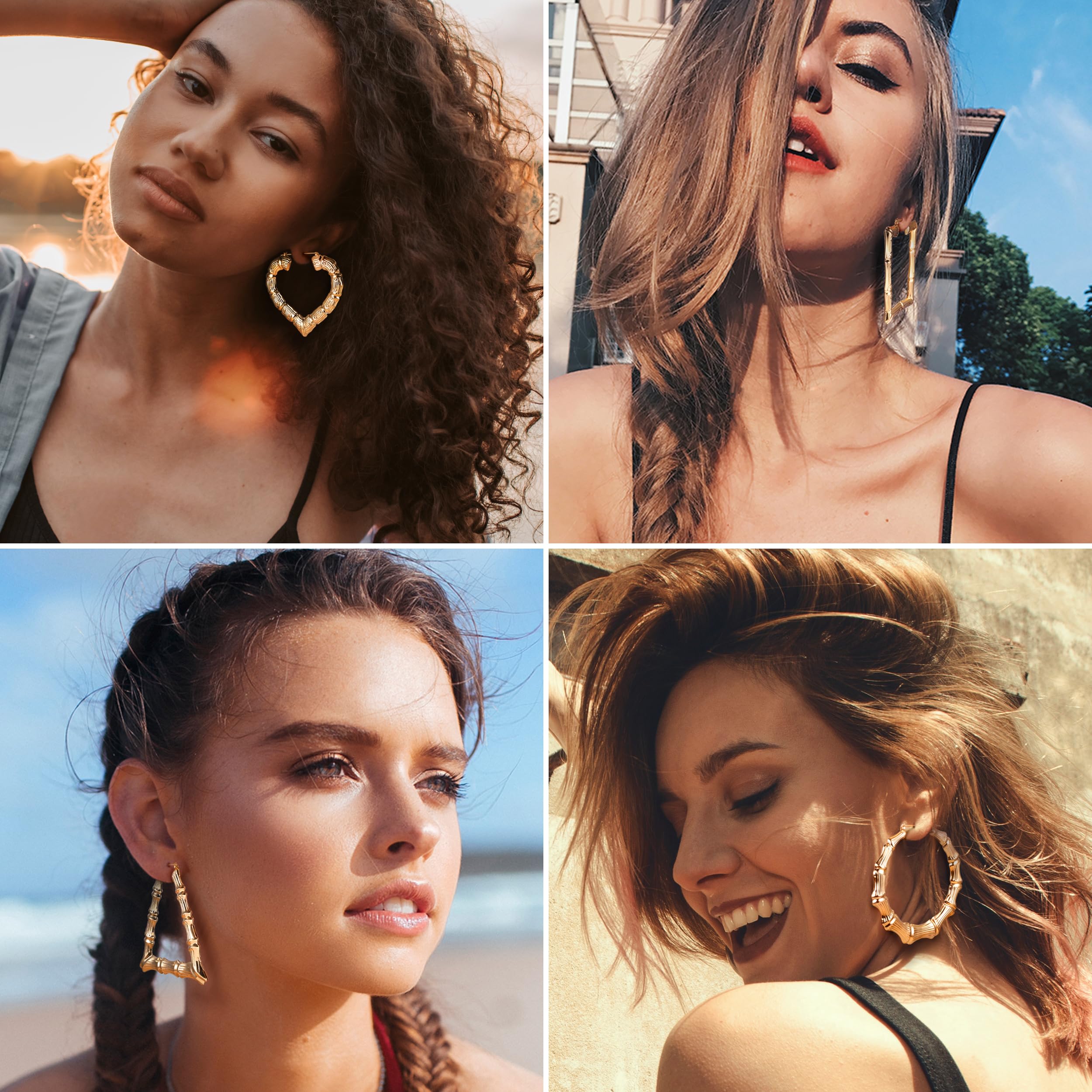 Aretes de aro de bambú para mujer, aretes grandes chapados en oro de 14 quilates, aretes de bambú de los años 80 y 90 para mujer, aretes grandes de gran tamaño, chapados en oro de 14 quilates 5
