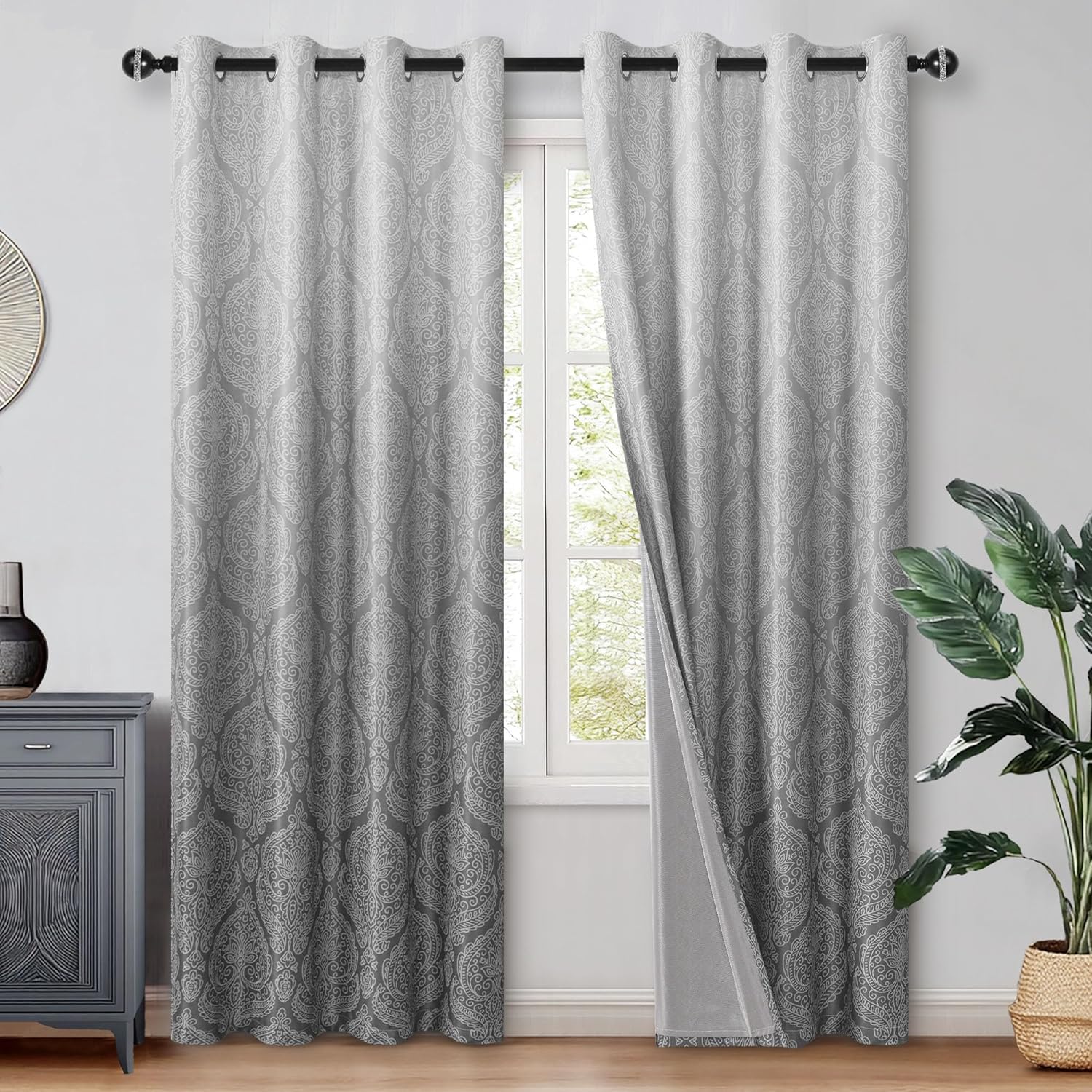 DWCN 100% Blackout Curtains for Bedroom 102 Inch Long - Damask Patterned Ombre Thermal Insulated Energy Saving Grommet Drapes for Living Room, Gradient Window Curtain 2 Panels, 52 x 102 Length, Grey