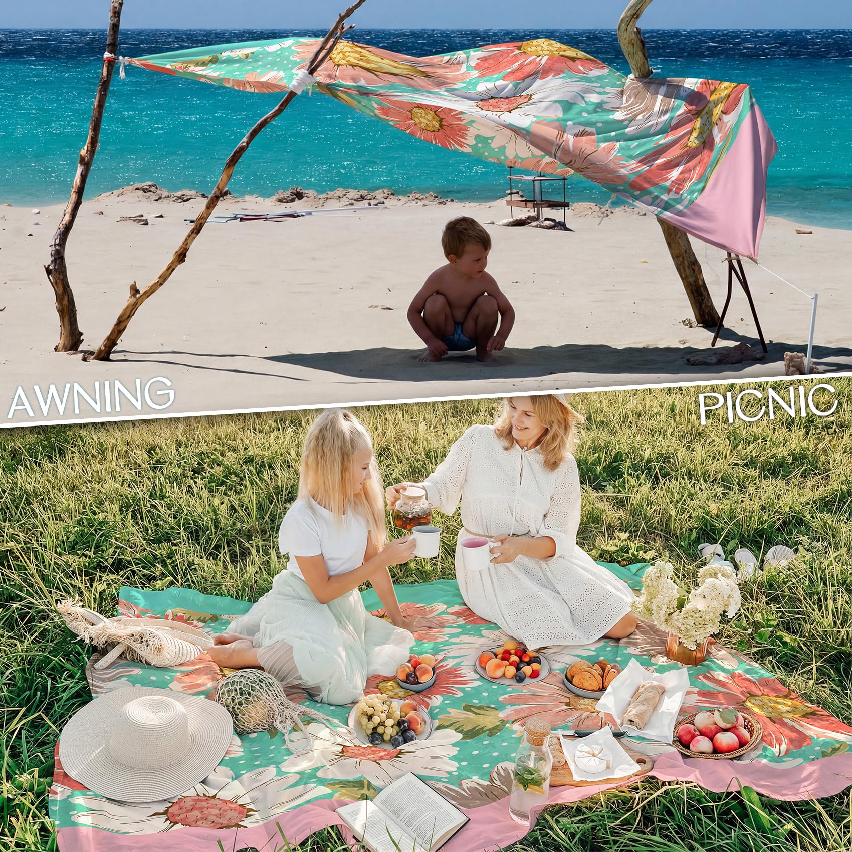 BYDOLL Koc plażowy, odporny na piasek, wodoodporny, 188 x 200 cm, dla 1-4 osób, kompaktowy, lekki, ponadwymiarowy, duży, mata piknikowa, koc plażowy na podróż, kemping, wędrówki, piknik