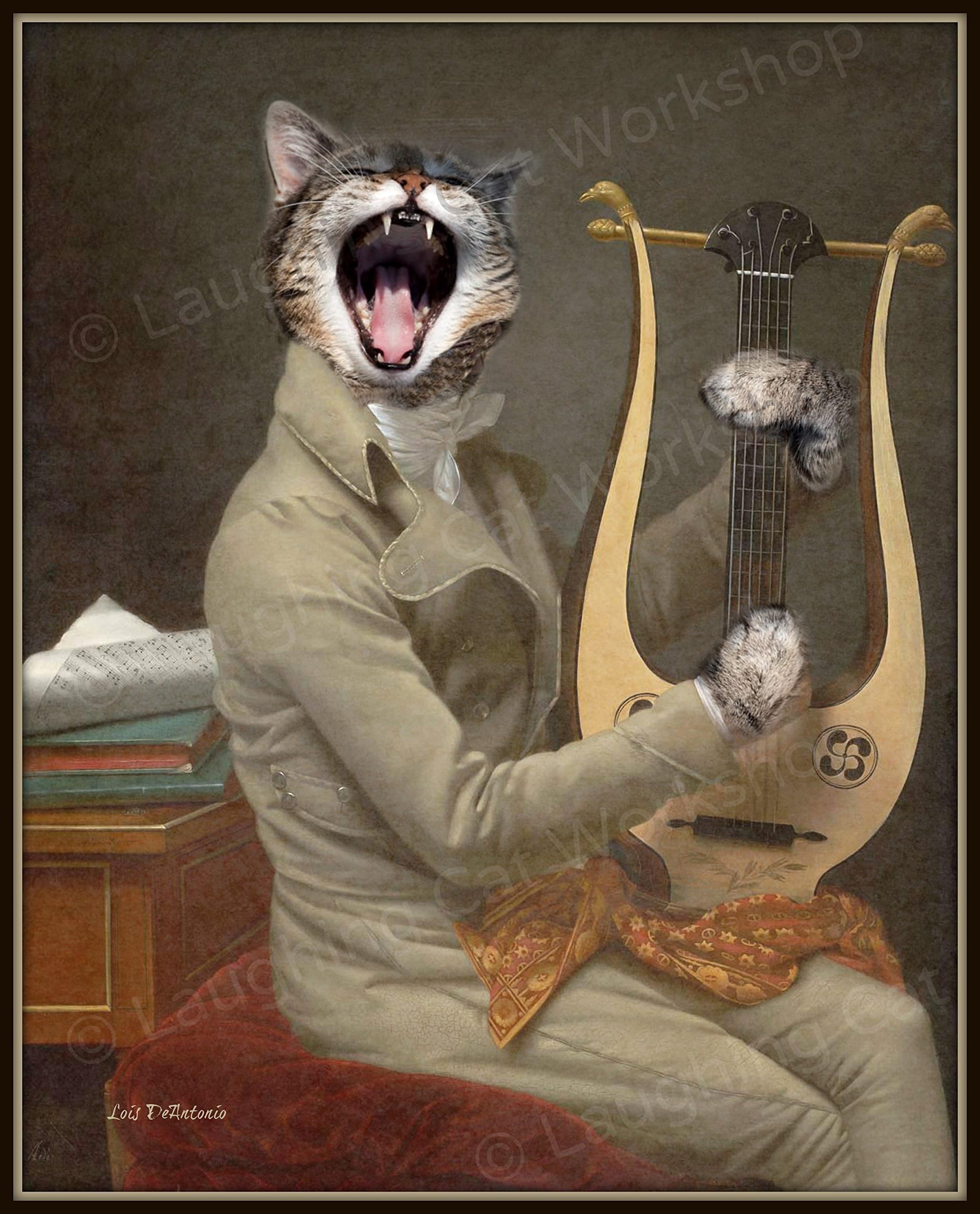 Funny Singing Cat Art Print Cat meme Vintage Victorian Anthropomorphic picture Whimsical Kitsch Surreal Antique Altered Photo Funny Music Art Weird Creepy Dorm Decor