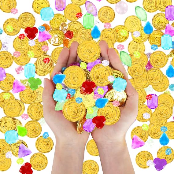 200 PCS Pirate Decorations Set, 1.38 in Pirate Gold Coins 0.79 in Plastic Gems, Fake Coins Plastic Coins Leprechaun Gold Coins, Pirate Theme Party Supplies Pirate Treasure Game Hunt Party Favors