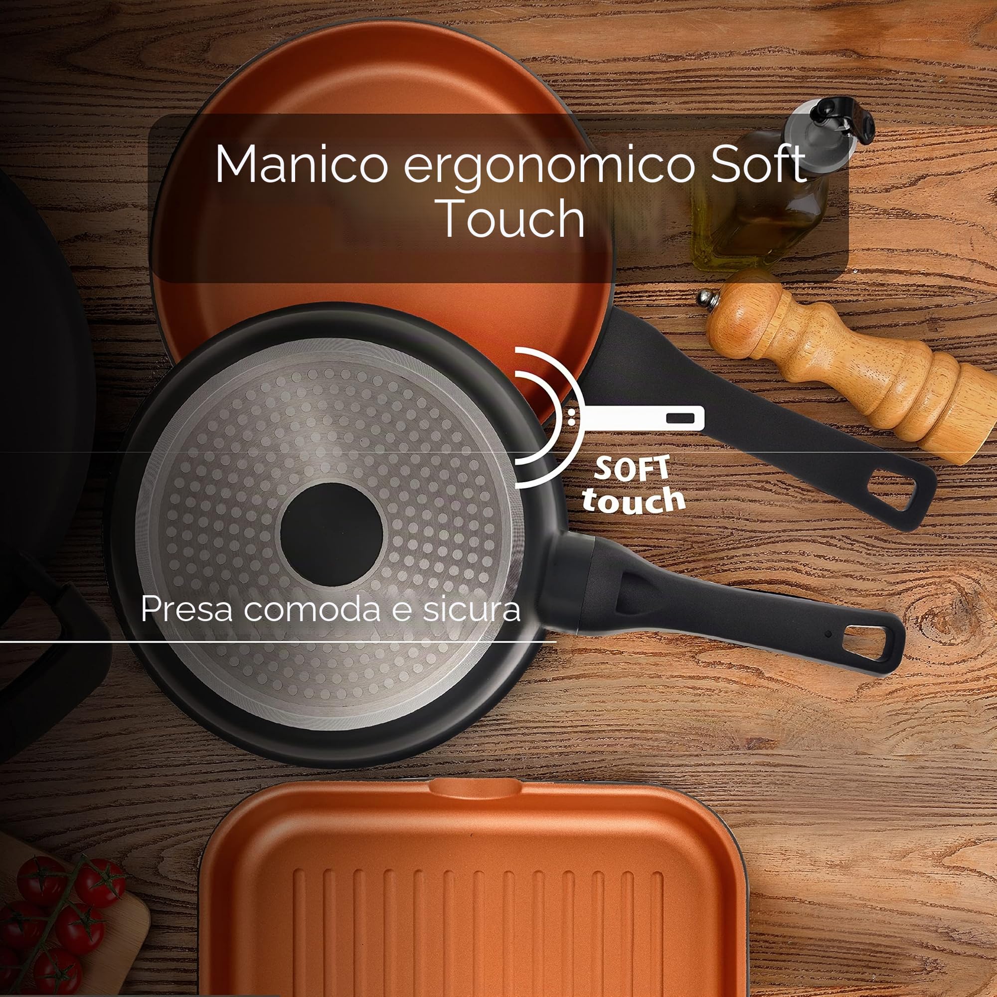 SAN IGNACIO Bronze | Set di Padelle | Set di 3 Pezzi da 20, 24 e 28 cm di Diametro e 3 Protettori Padelle | Alluminio Pressofuso | Padelle Antiaderenti | Per Tutti i Piani Cottura
